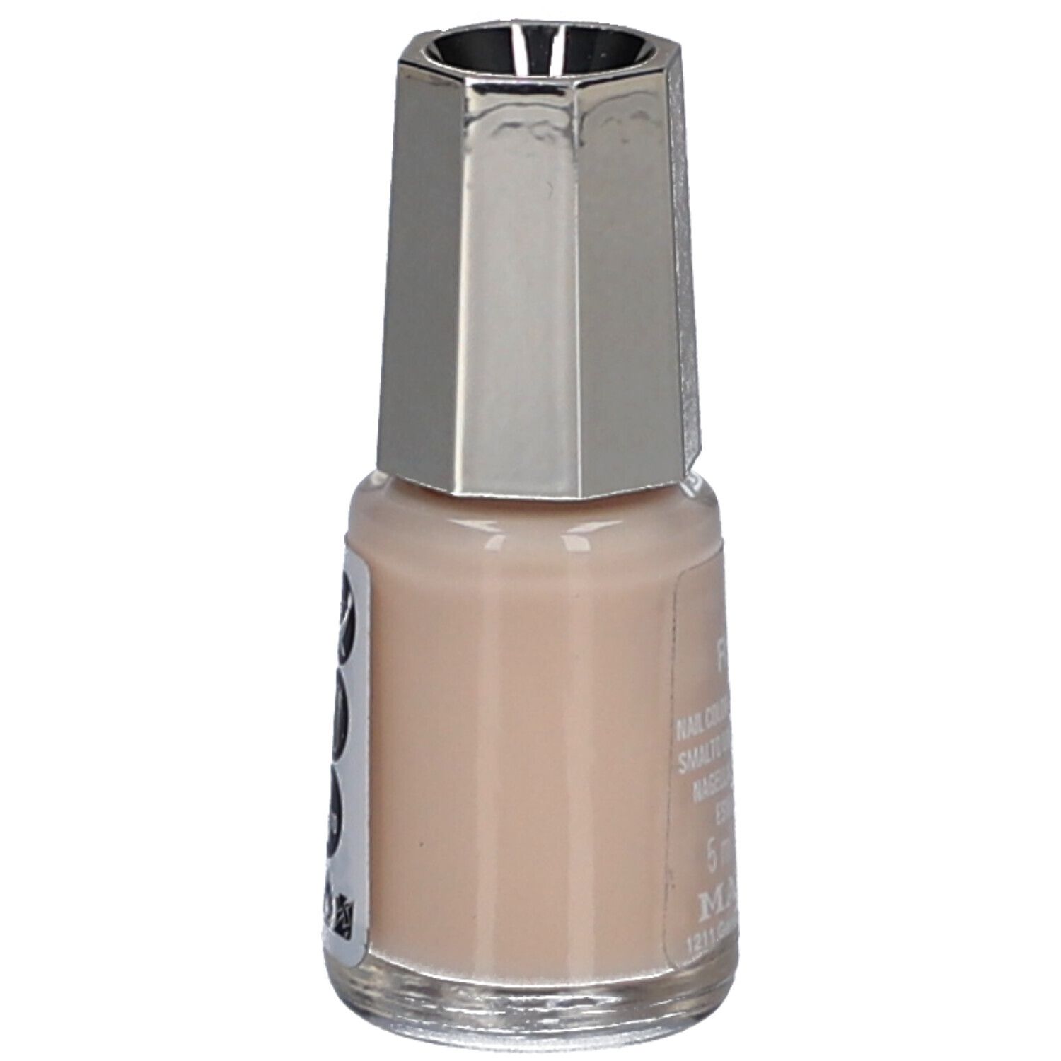 Flacon de vernis à ongles beige clair. Bouchon argenté. Inscription: Mavala.
