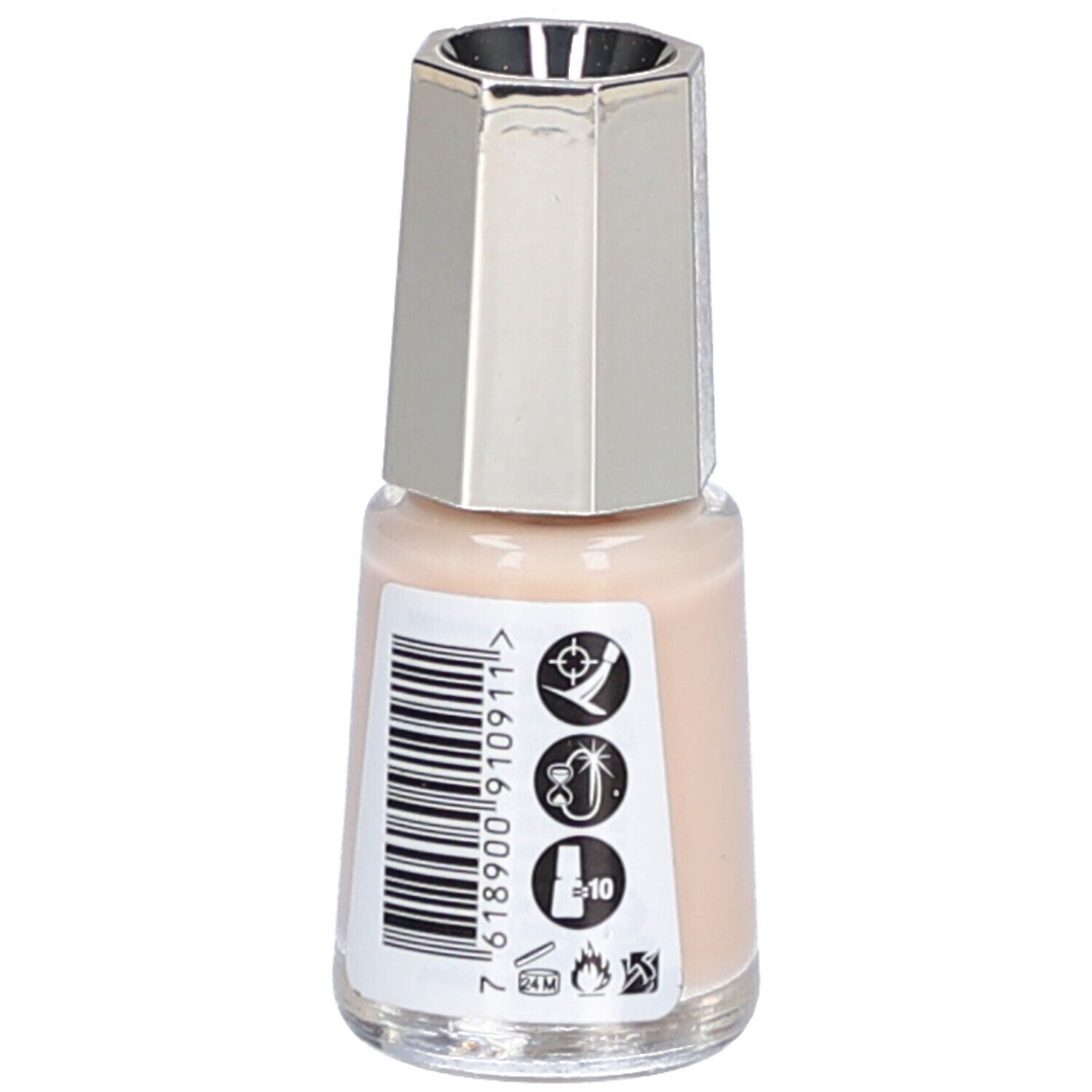 Flacon de vernis à ongles beige clair. Bouchon argenté. Autocollant avec code-barres et symboles.