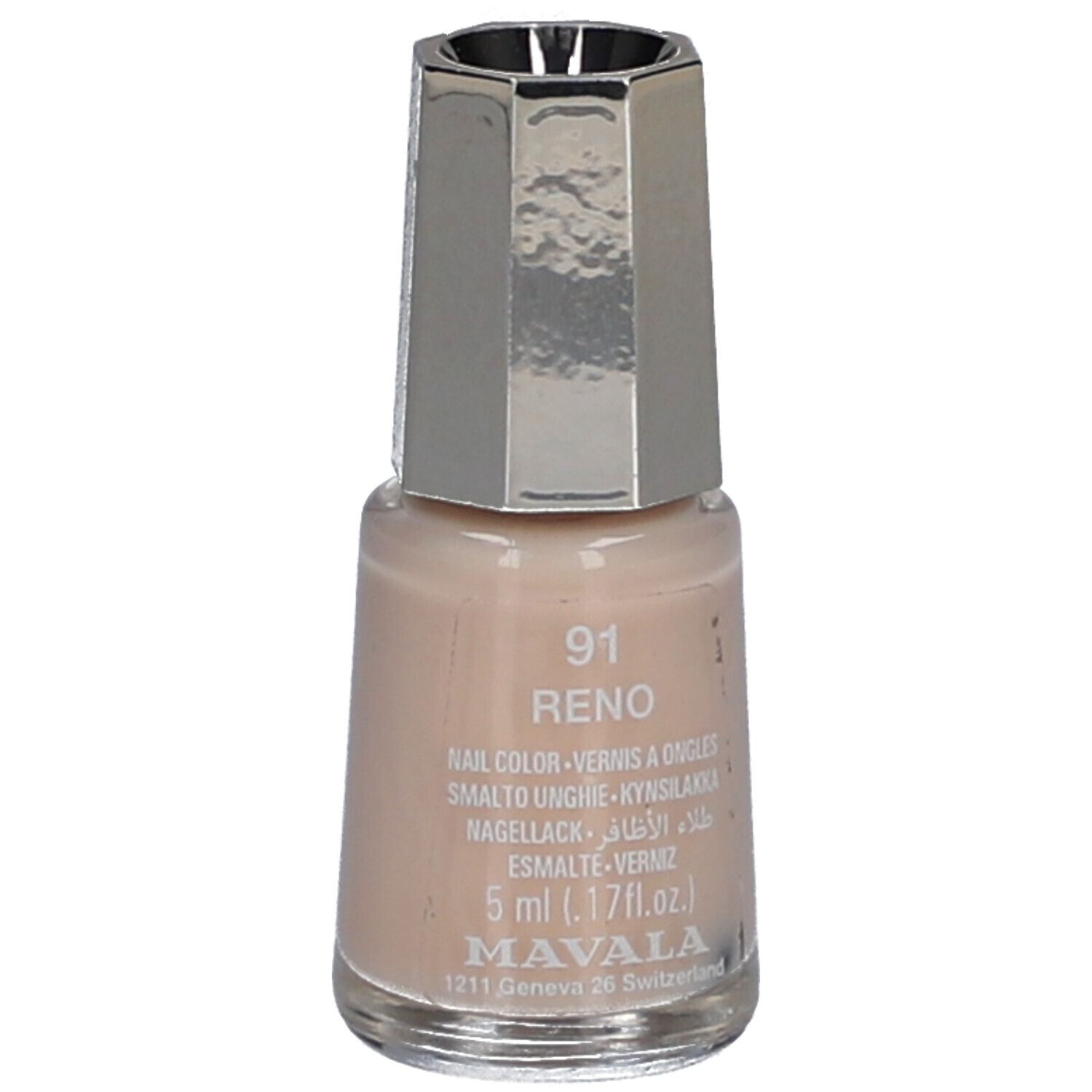 Flacon de vernis à ongles beige clair. Bouchon argenté. Inscription: 91 Reno, 5 ml, Mavala.