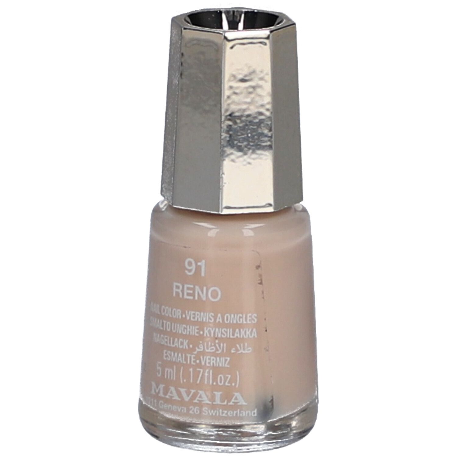 Flacon de vernis à ongles beige clair. Bouchon argenté. Inscription: 91 Reno, 5 ml, Mavala.