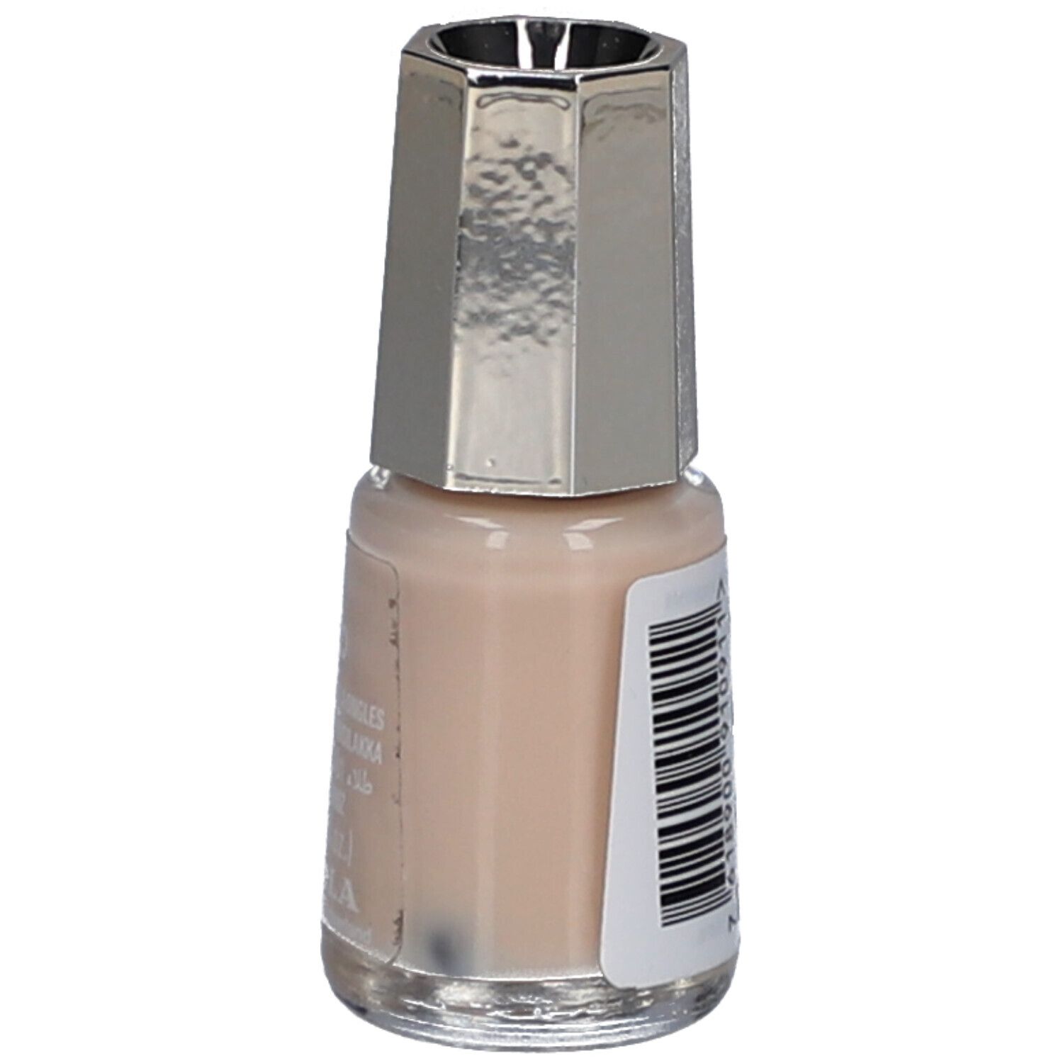 Flacon de vernis à ongles beige clair. Bouchon argenté. Autocollant avec code-barres.
