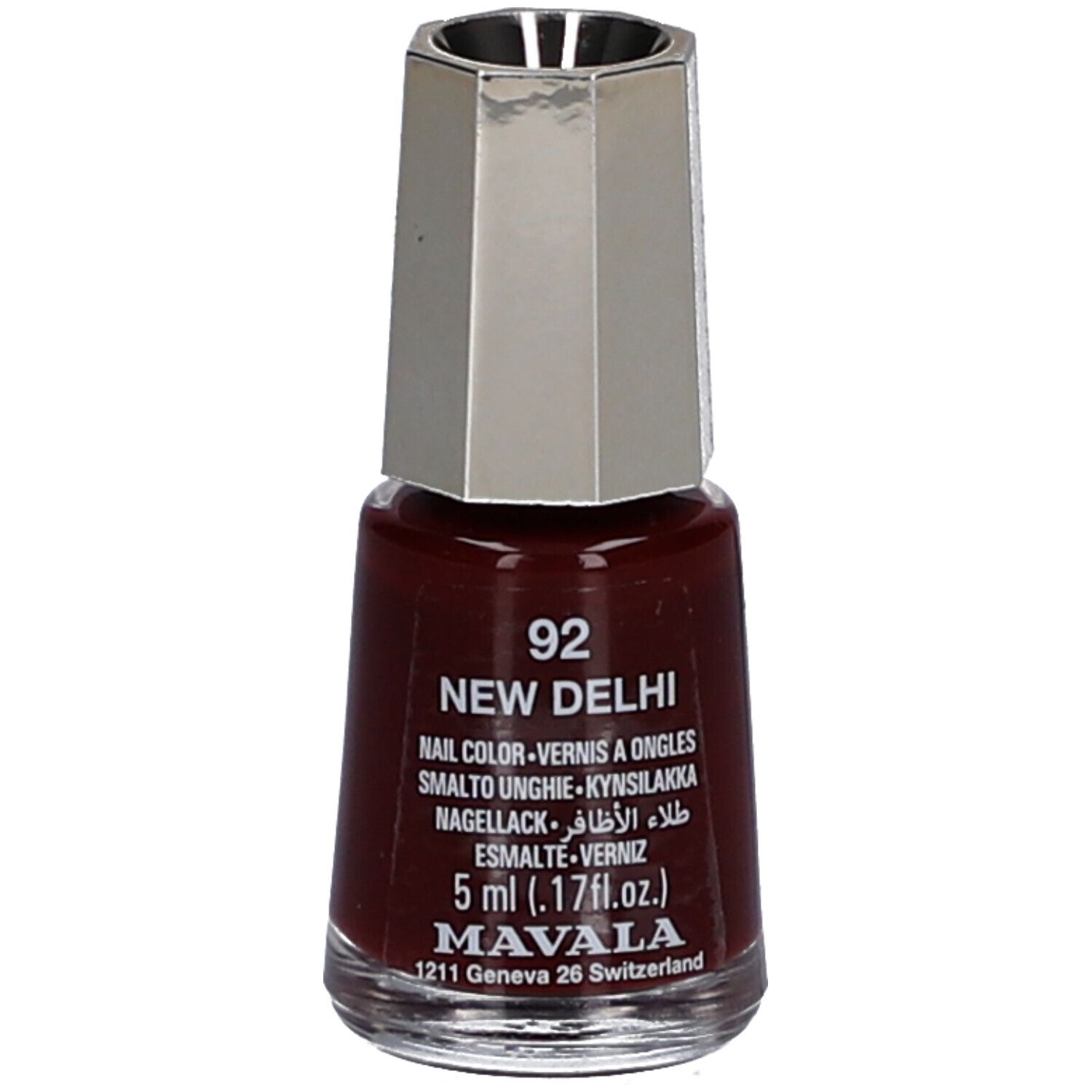 Flacon de vernis à ongles rouge foncé. Bouchon argenté. Inscription : 92 New Delhi, vernis à ongles, 5 ml, Mavala.