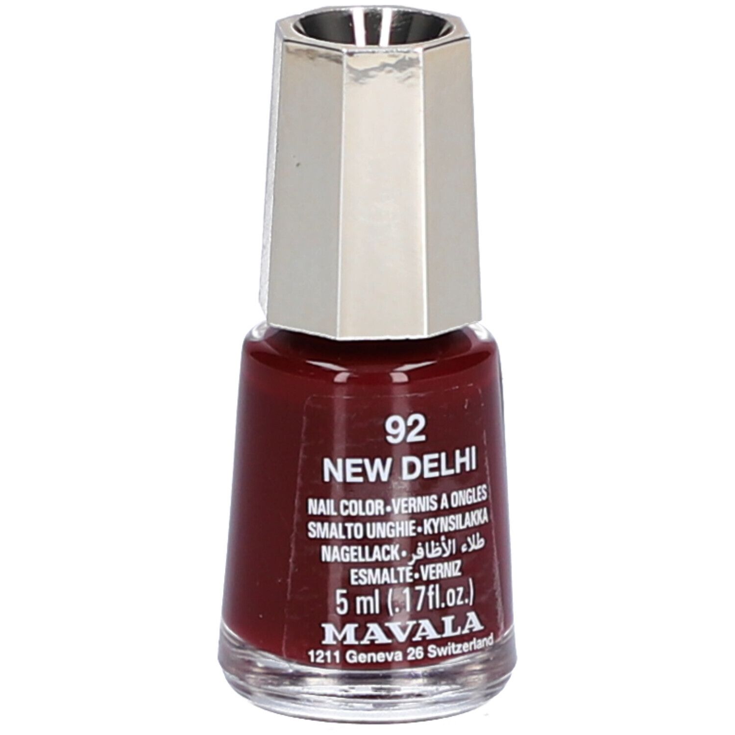 Flacon de vernis à ongles rouge foncé. Bouchon argenté. Inscription : 92 New Delhi, vernis à ongles, 5 ml, Mavala.