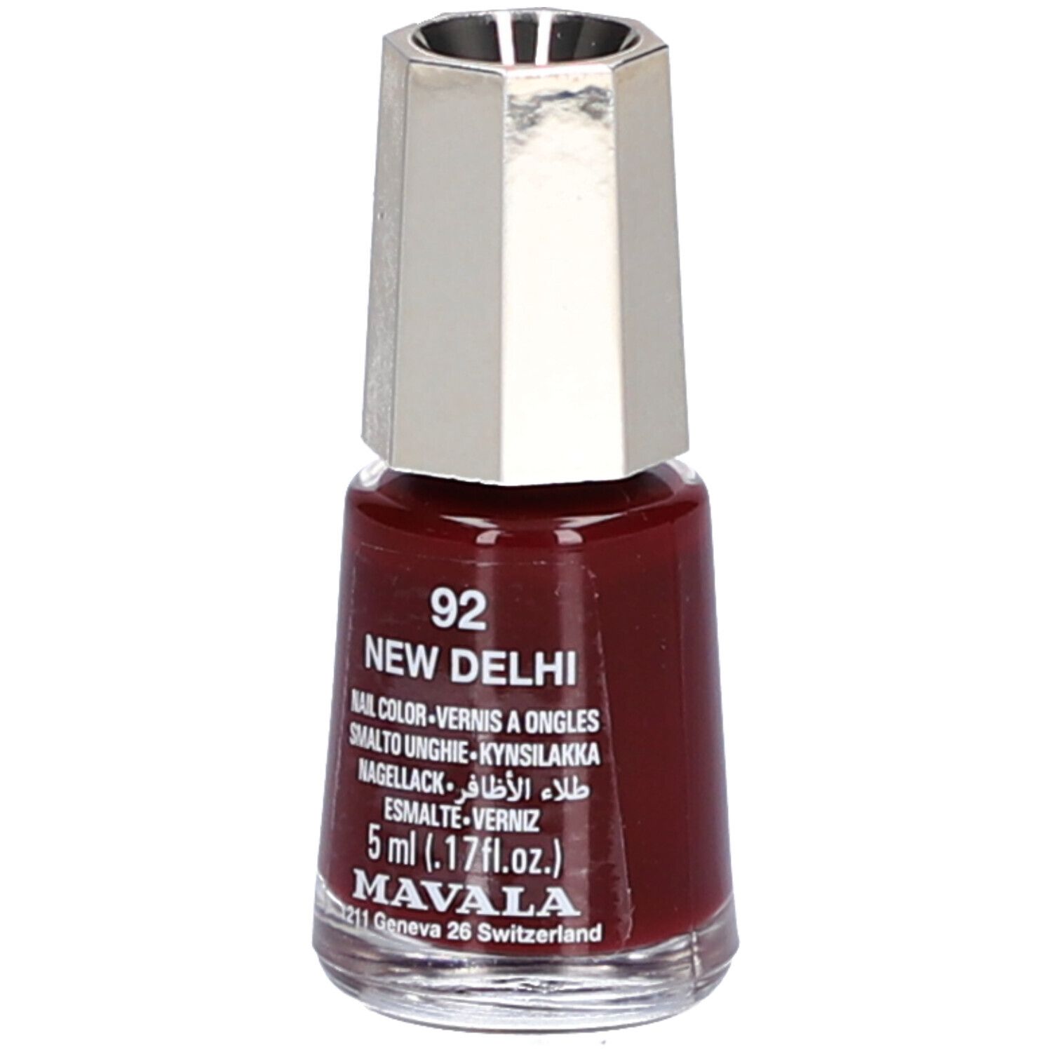 Flacon de vernis à ongles rouge foncé. Bouchon argenté. Inscription : 92 New Delhi, vernis à ongles, 5 ml, Mavala.