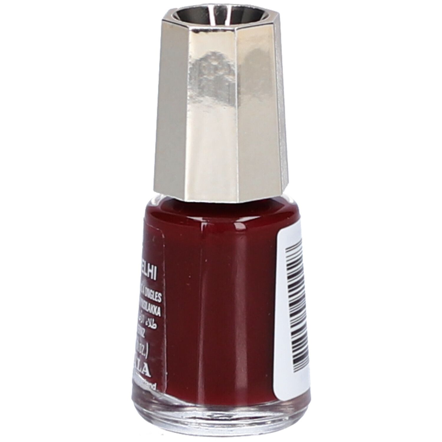 Flacon de vernis à ongles rouge foncé. Bouchon argenté. Texte sur le côté.