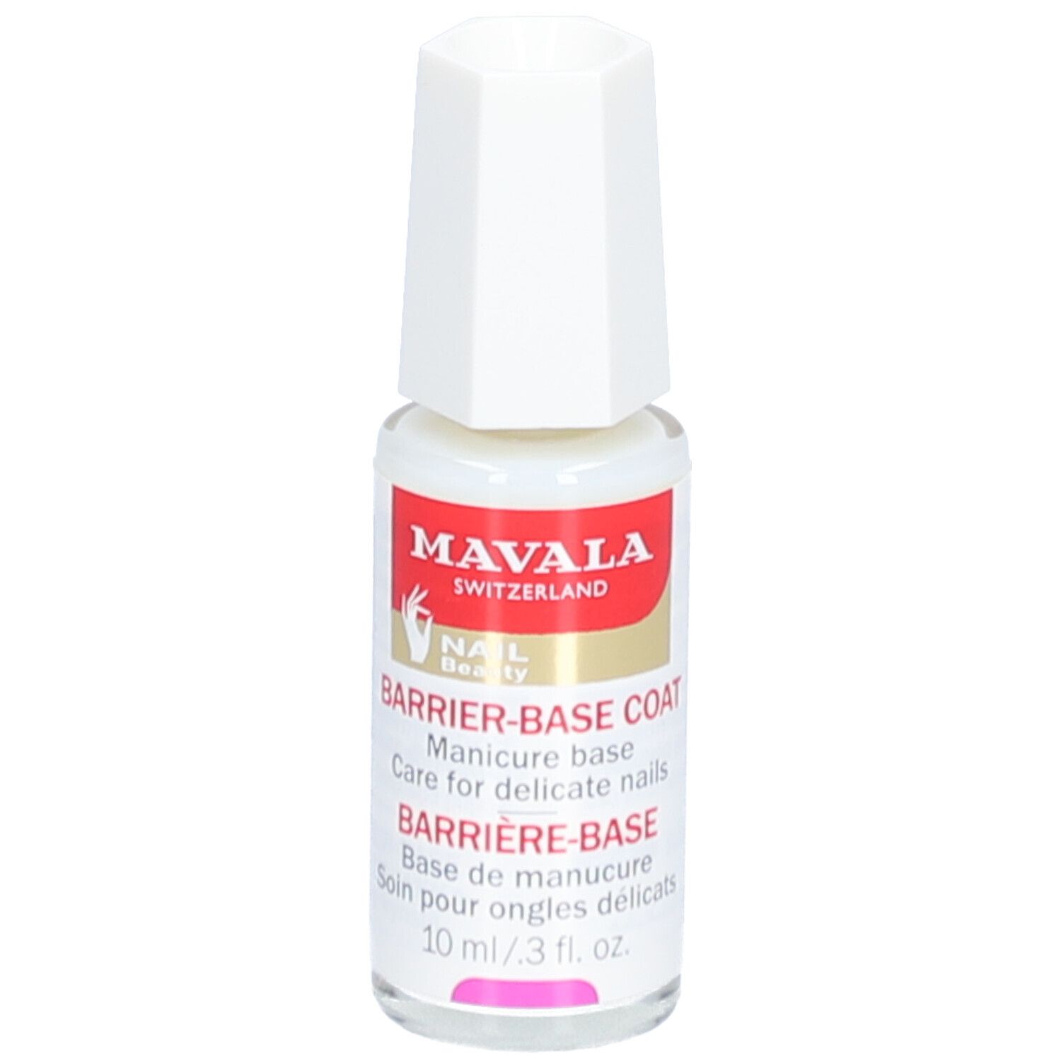 Mavala Barriere Base Nagelpflege. Fles met witte dop. Rode sticker met tekst en logo. 10 ml.