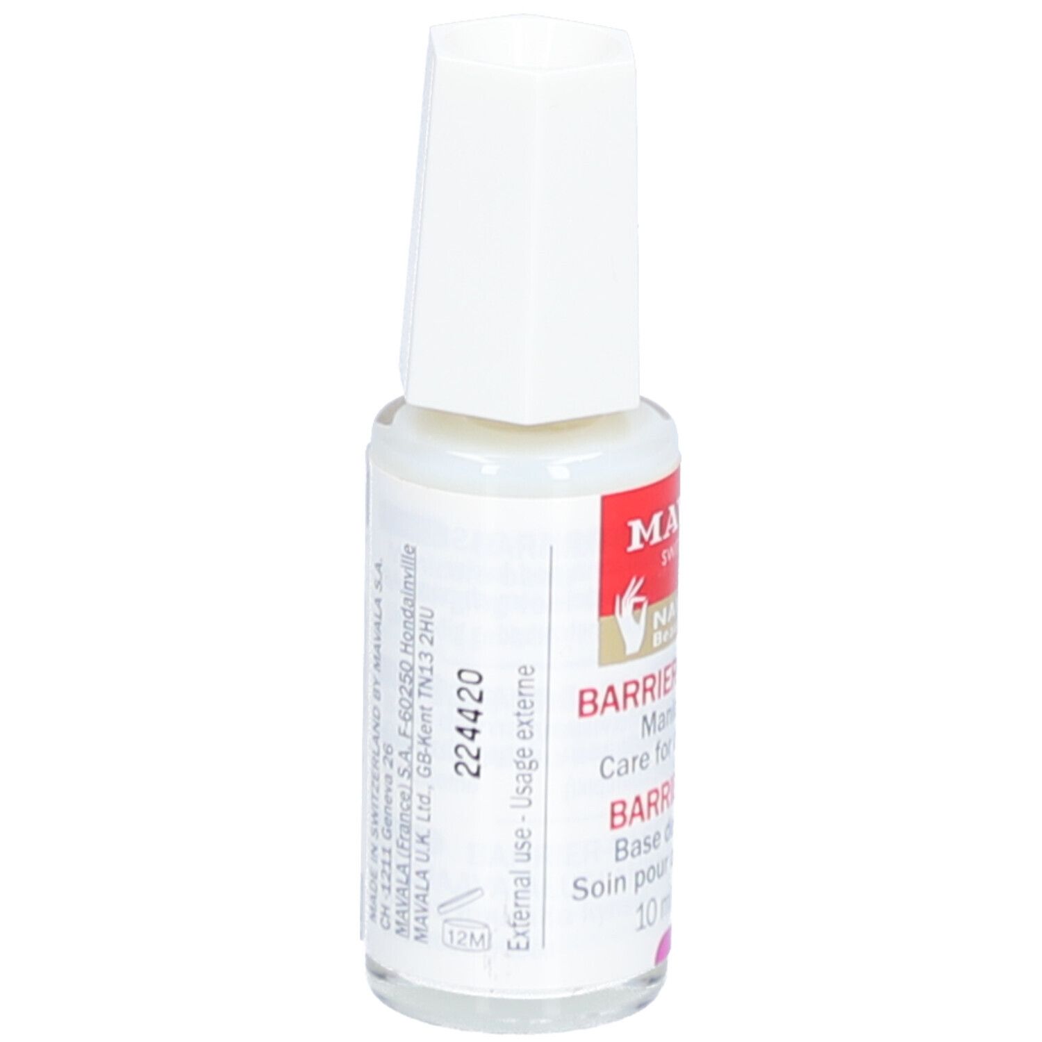 Mavala Barriere Base Nagelpflege. Fles met witte dop. Achterkant met tekst. 10 ml.