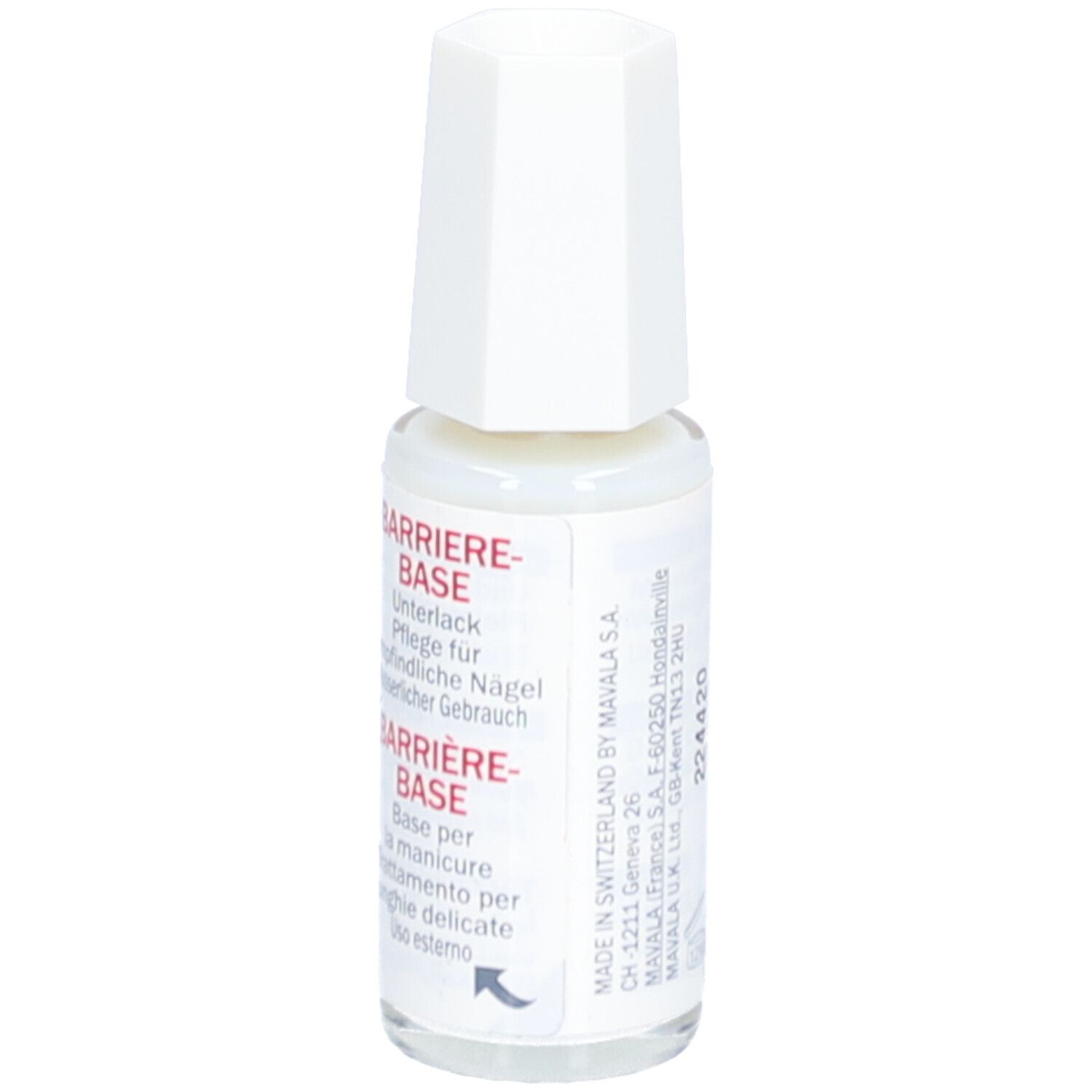 Mavala Barriere Base Nagelpflege. Fles met witte dop. Achterkant met tekst. 10 ml.