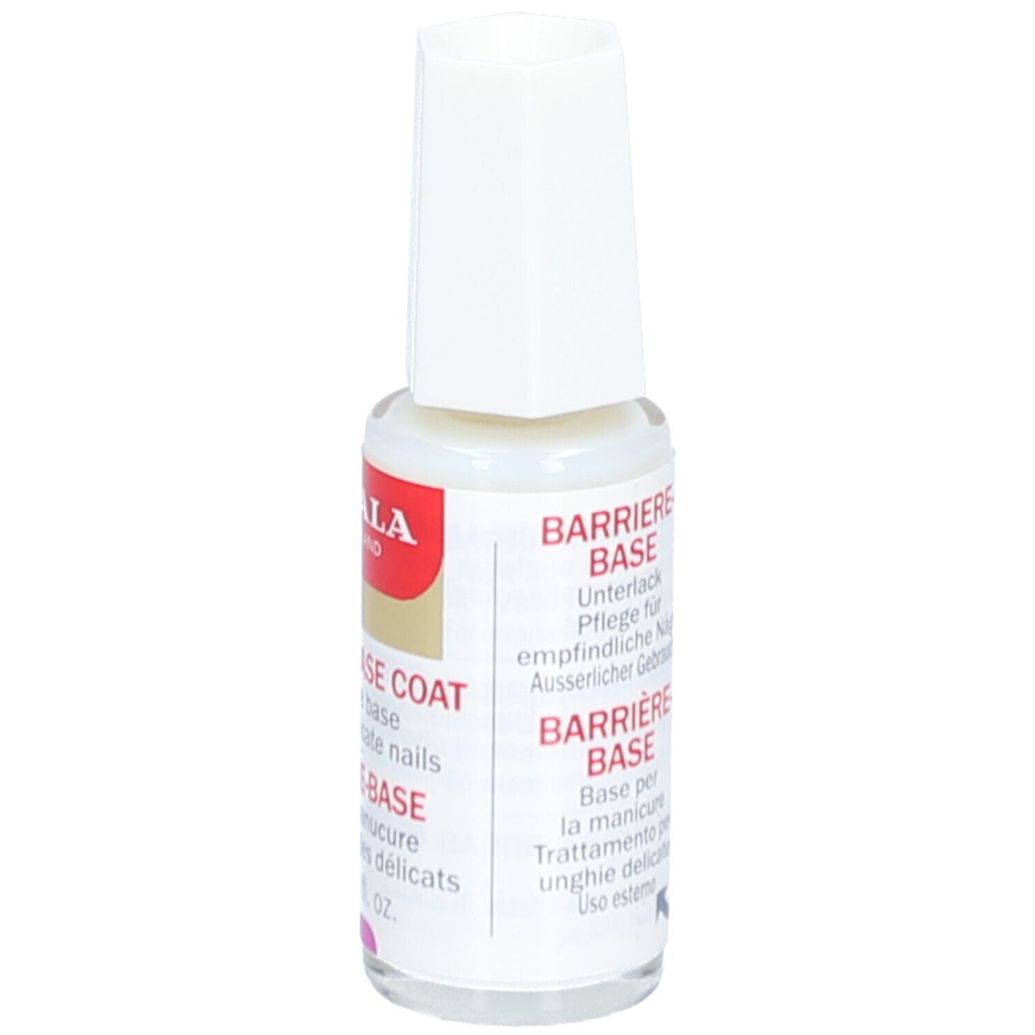 Mavala Barriere Base Nagelpflege. Fles met witte dop. Rode sticker met tekst. 10 ml.