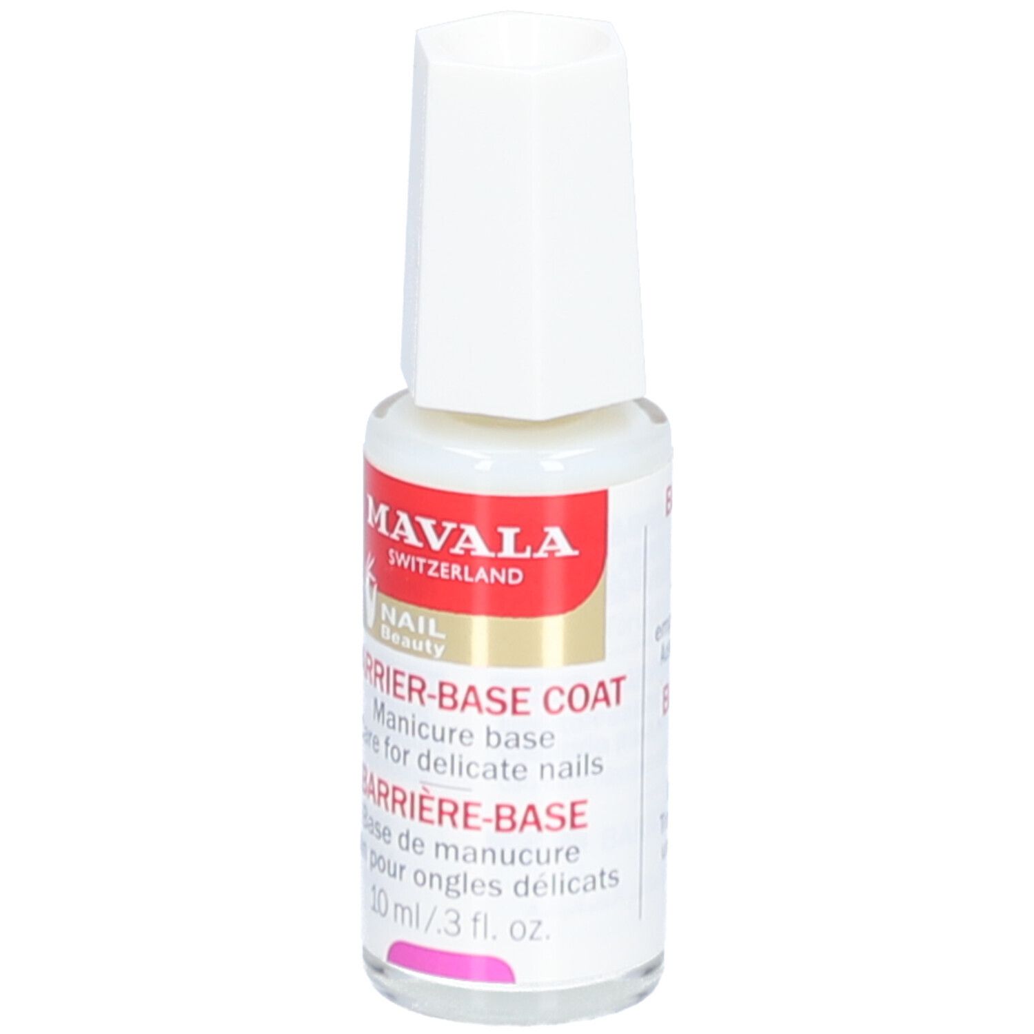 Mavala Barriere Base Nagelpflege. Fles met witte dop. Rode sticker met tekst. 10 ml.