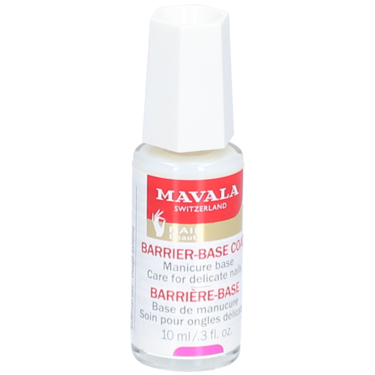 Mavala Barriere Base Nagelpflege. Fles met witte dop. Rode sticker met tekst. 10 ml.