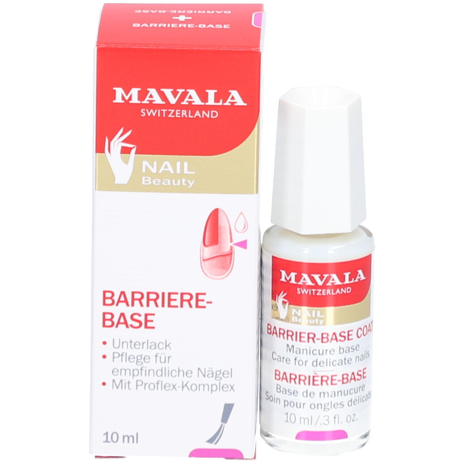 Mavala Barriere Base Nagelpflege. Fles en verpakking. Rode verpakking met tekst en logo. 10 ml.