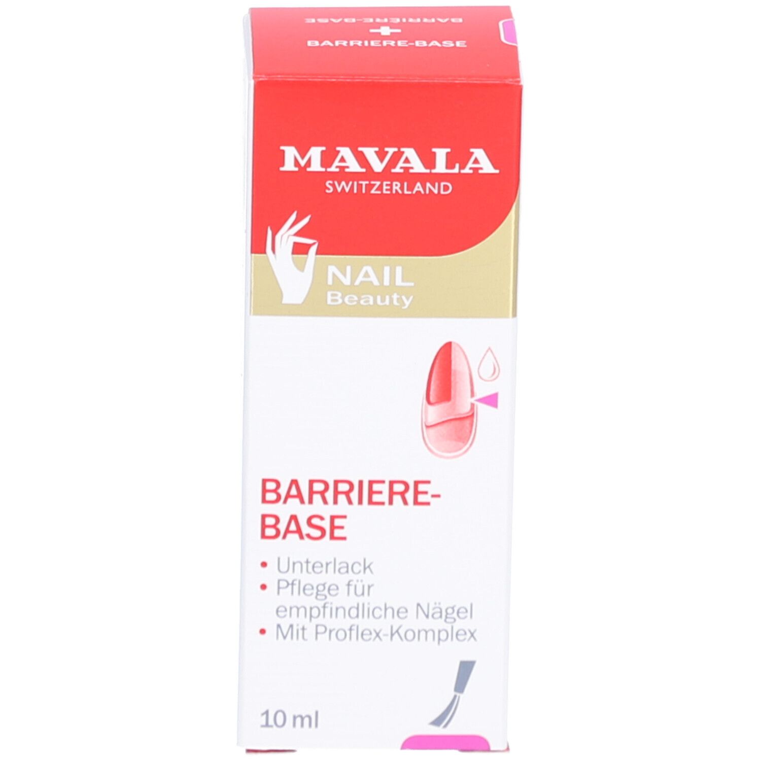 Mavala Barriere Base Nagelpflege. Verpakking. Rode verpakking met tekst en logo. 10 ml.