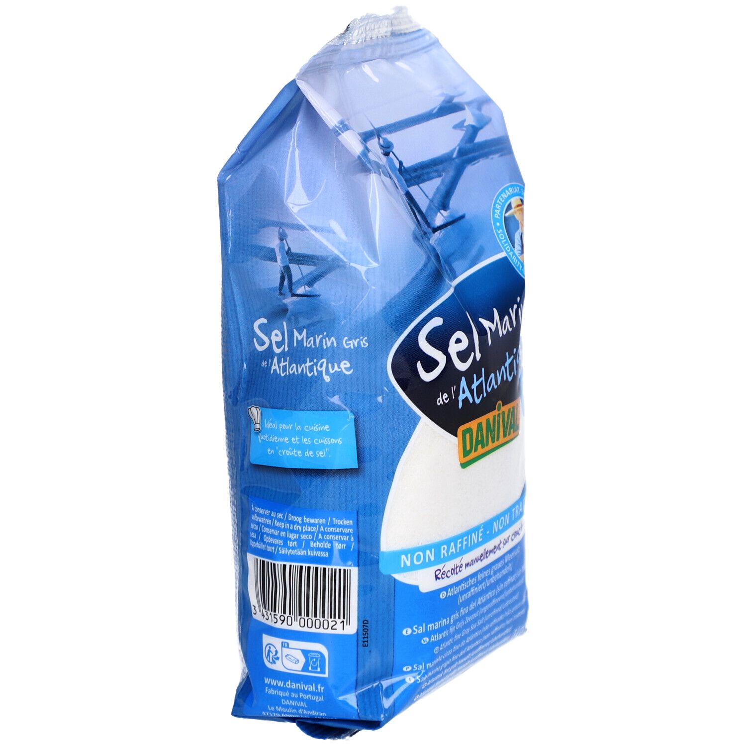 Achterkant van een 1kg zak Danival Atlantisch Zeezout Onverfijnd Fijn met barcode en productinformatie.