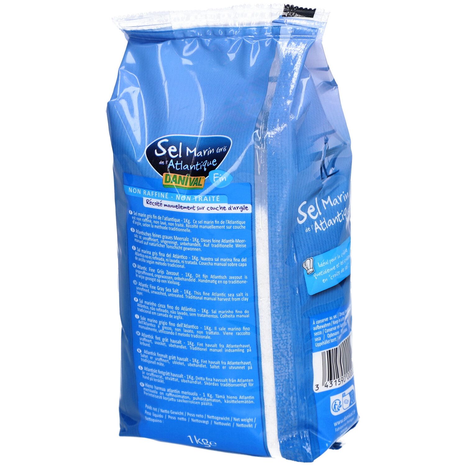 Zijaanzicht van een 1kg zak Danival Atlantisch Zeezout Onverfijnd Fijn met productinformatie.