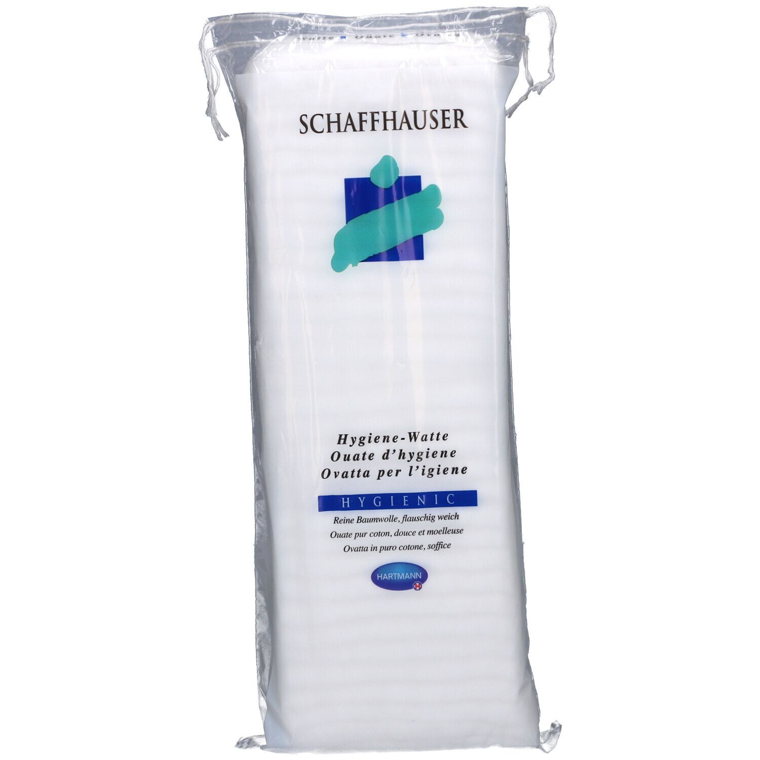 Ouate blanche dans un emballage transparent. Impression : SCHAFFHAUSER, Ouate d'hygiène, logo HARTMANN. Ouate de coton hygiénique.