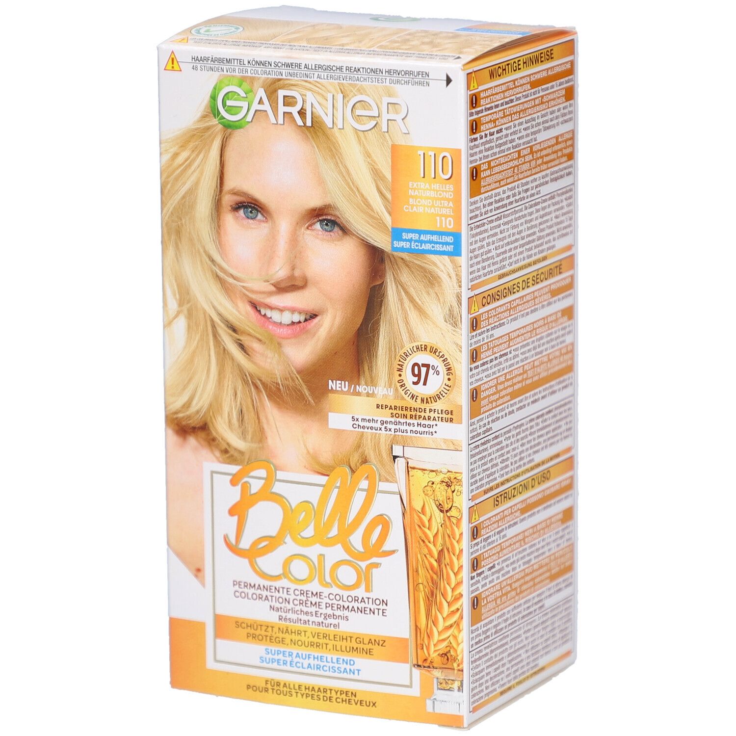 Garnier Belle Color kleuring. Verpakking met blonde vrouw. Tint 110 Blond Ultra Clair Naturel. 97% herstellende verzorging.
