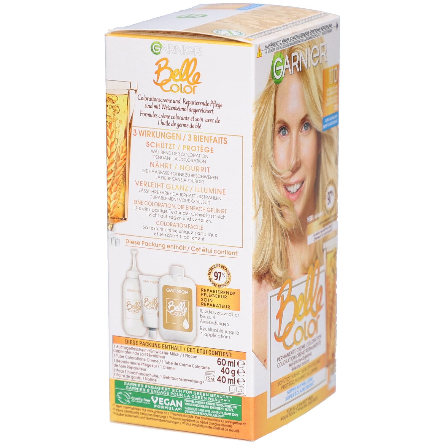 Garnier Belle Color verpakking. Achterkant met productinfo. Bevat 60ml kleuring, 40ml ontwikkelaar. Vegan keurmerk.