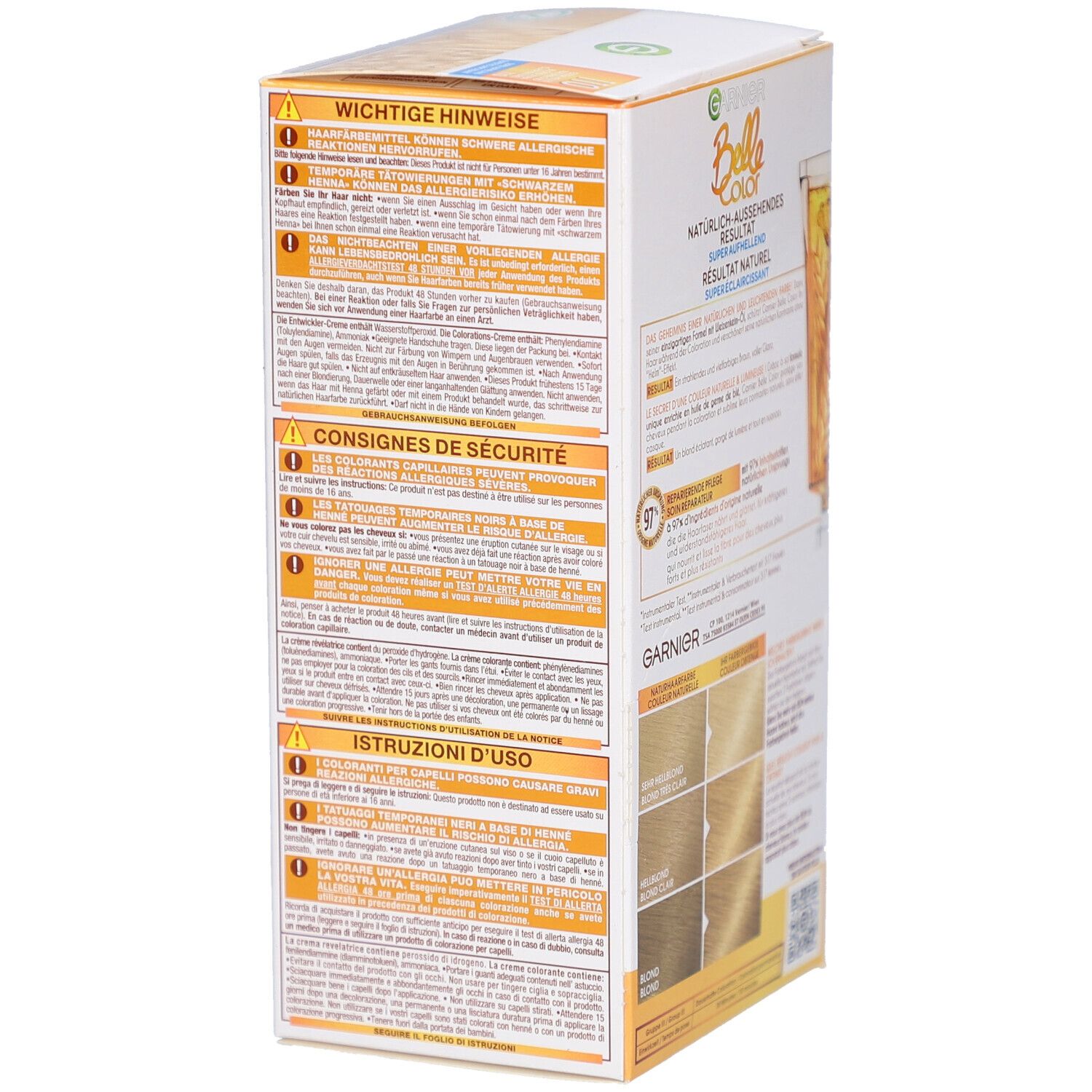 Garnier Belle Color verpakking. Zijkant met waarschuwingen en gebruiksaanwijzing. Voorbeelden van tinten.