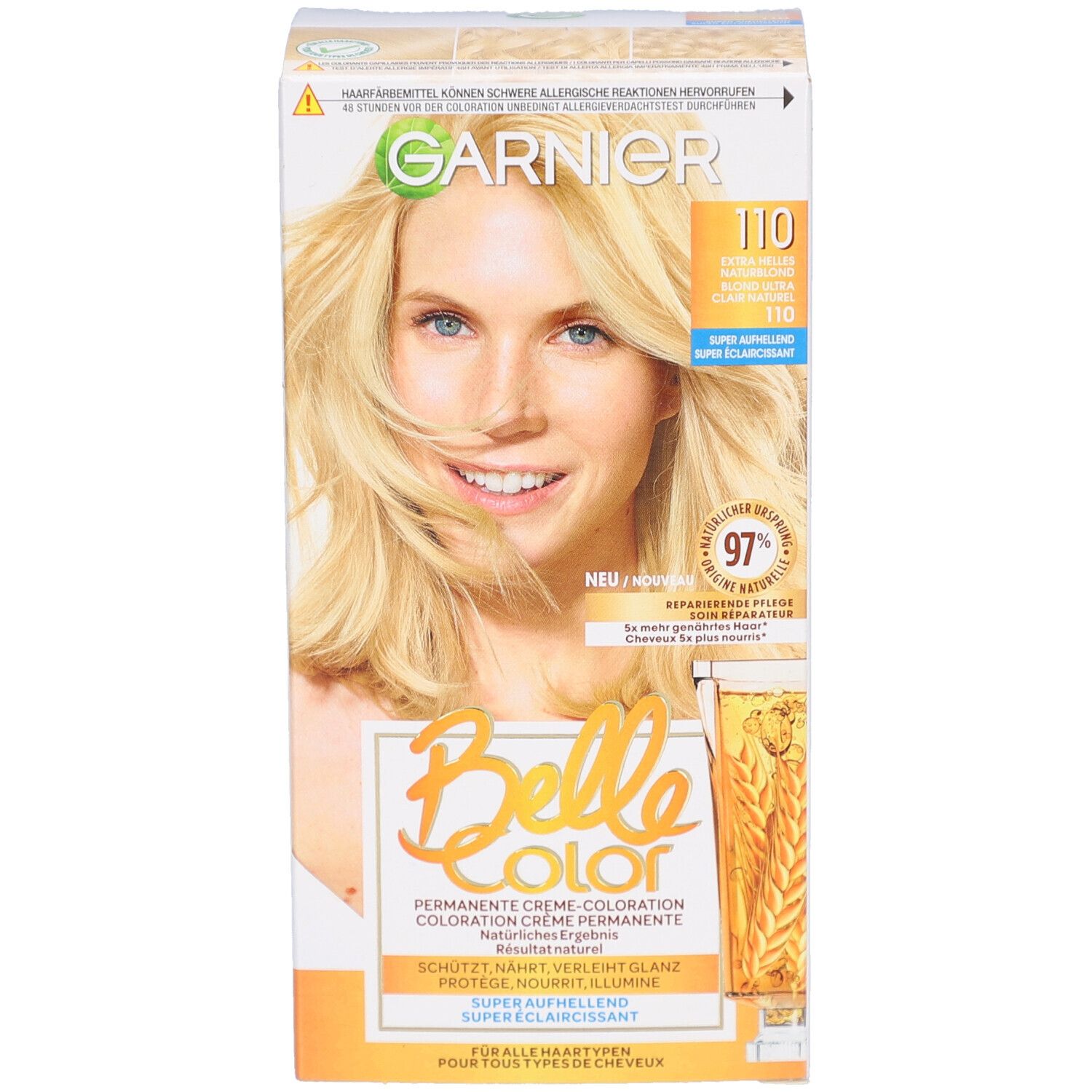 Garnier Belle Color verpakking. Voorkant met blonde vrouw. Tint 110 Blond Ultra Clair Naturel. 97% herstellende verzorging.