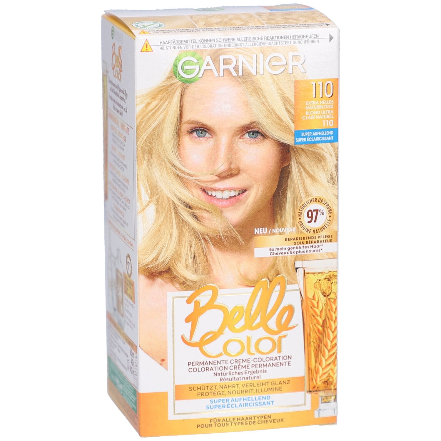 Garnier Belle Color verpakking. Voorkant met blonde vrouw. Tint 110 Blond Ultra Clair Naturel. 97% herstellende verzorging.