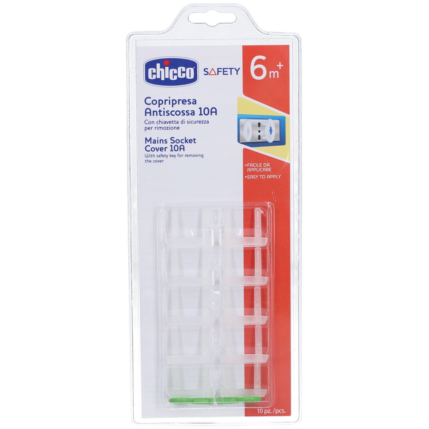Cache-prises transparents dans un emballage blister. Marque CHICCO, 10 pièces. Avec caractéristiques de sécurité et texte.