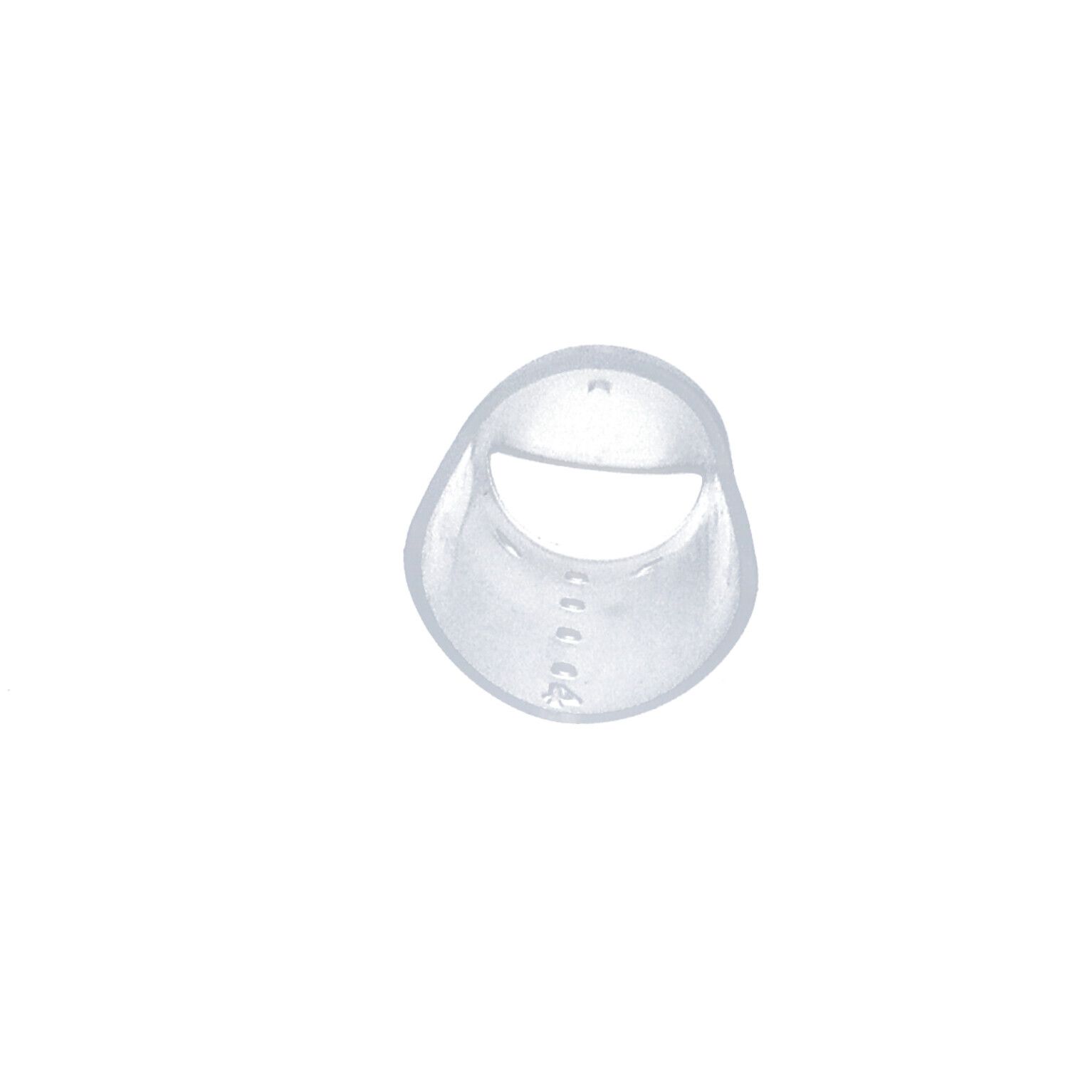 Transparante, geperforeerde vingerbeschermkap. Zicht op de opening. Perforaties langs de zijkant zichtbaar.