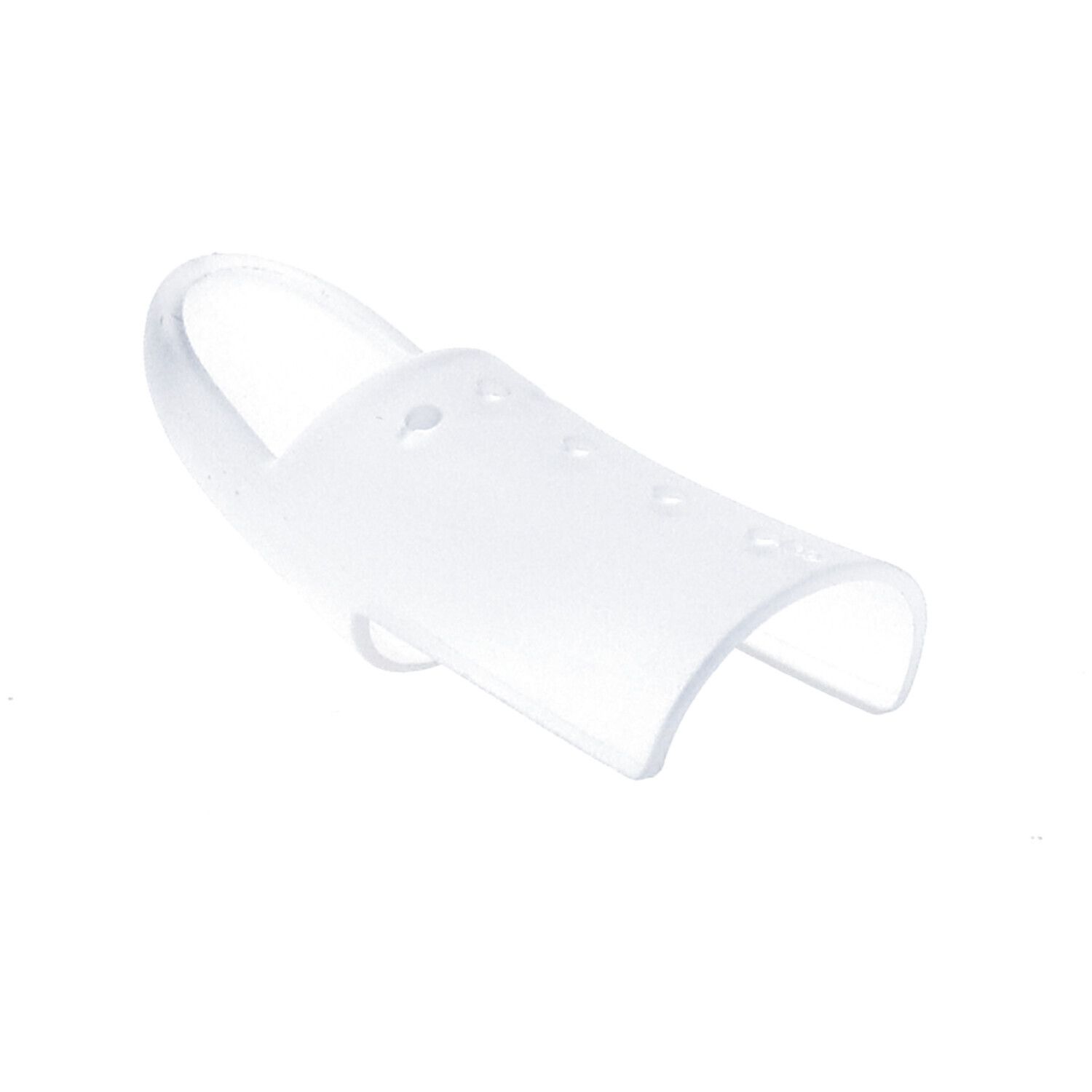 Transparante, geperforeerde vingerbeschermer. U-vormig met afgeronde randen. Kleine gaatjes op het oppervlak.