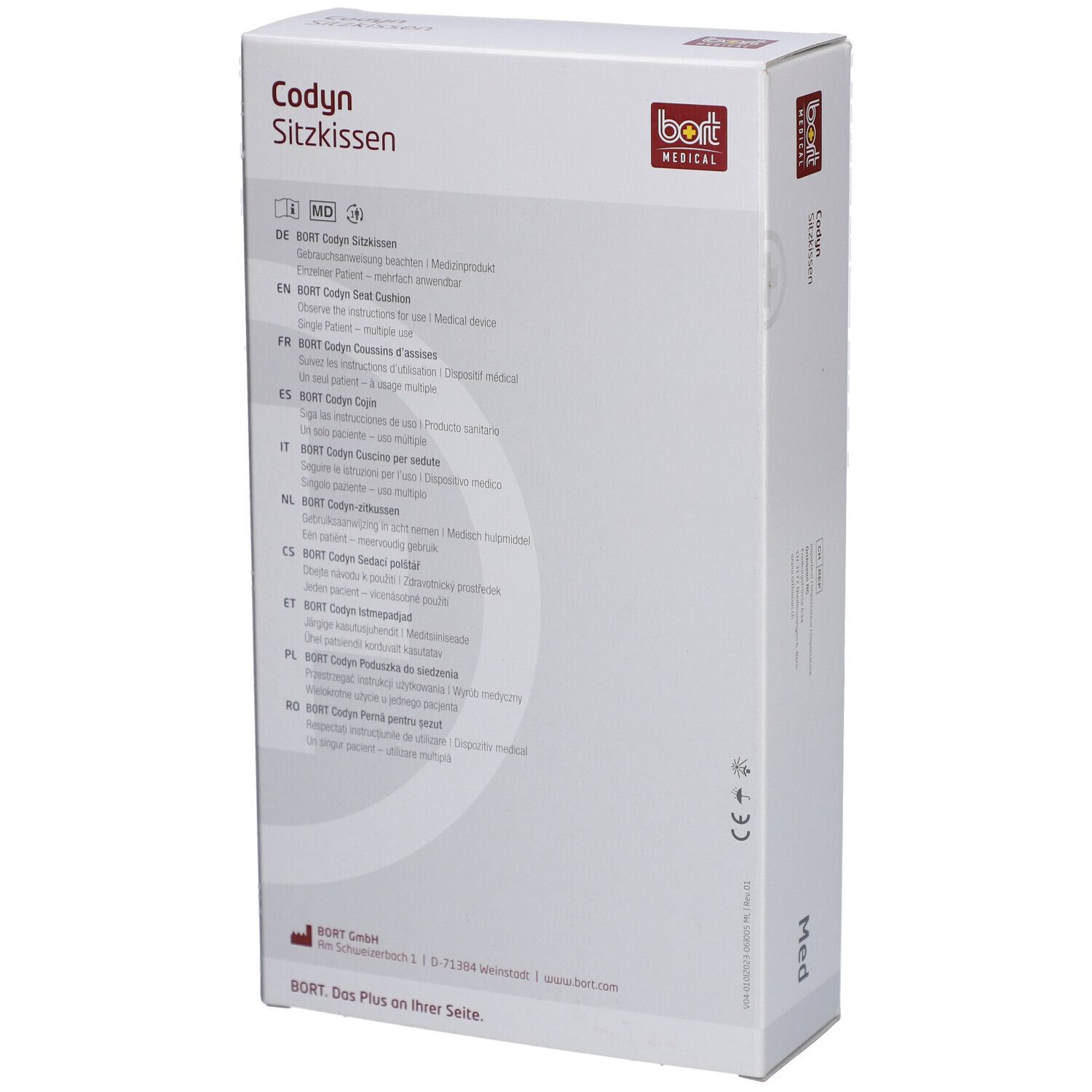 Dos de l'emballage du coussin Codyn. Informations produit multilingues et logo. Marquage dispositif médical.