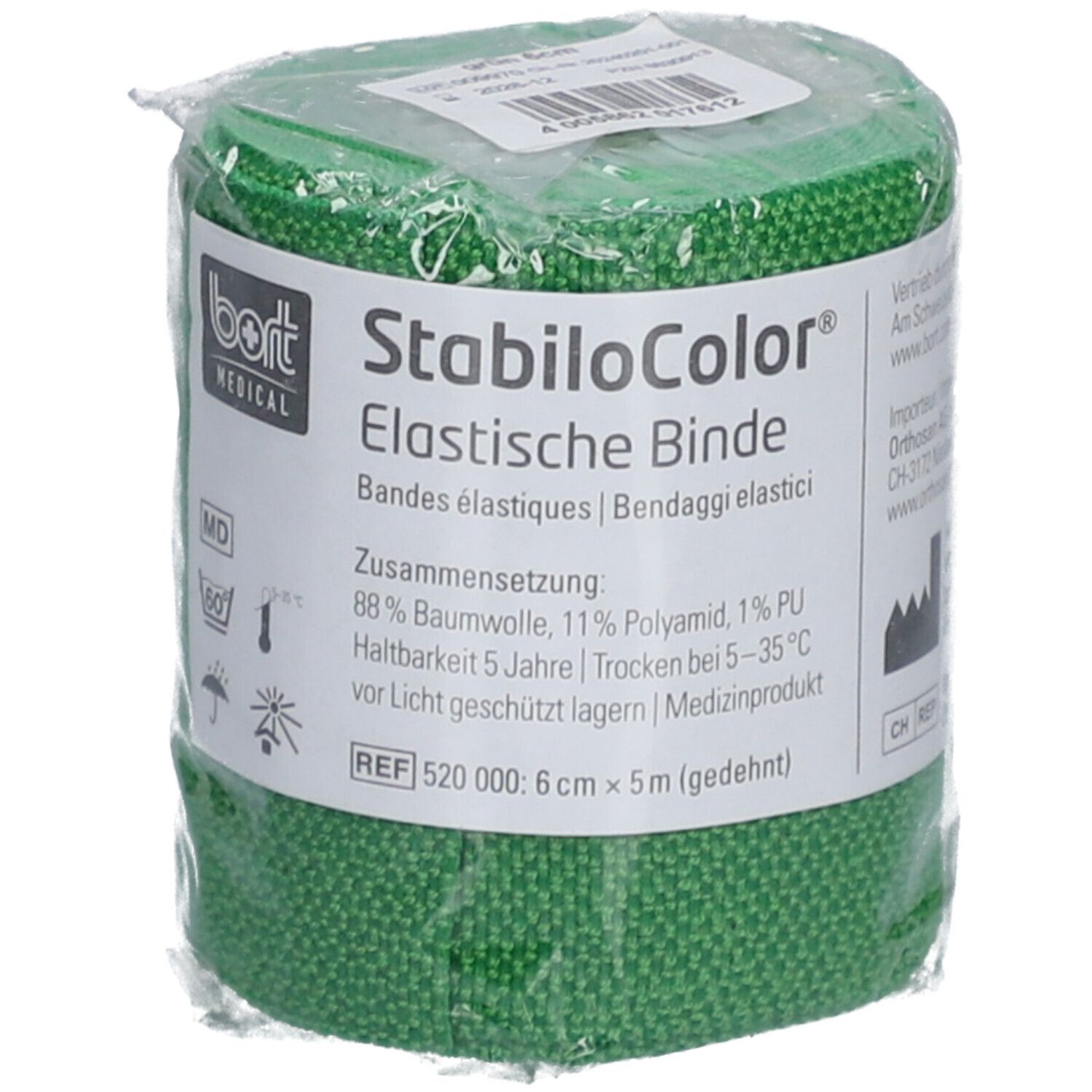 Bande verte emballée. Inscription : BORT MEDICAL, StabiloColor, bande élastique, 6 cm x 5 m.