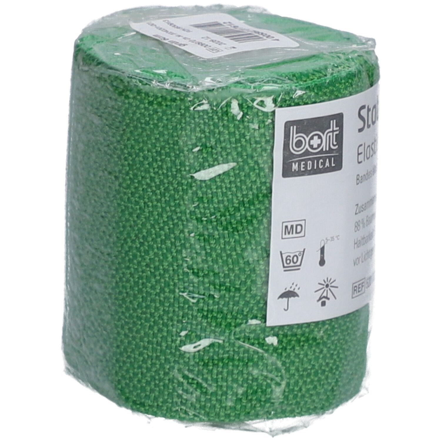 Bande verte emballée. Inscription : BORT MEDICAL, symbole MD, 60°C, protection solaire.