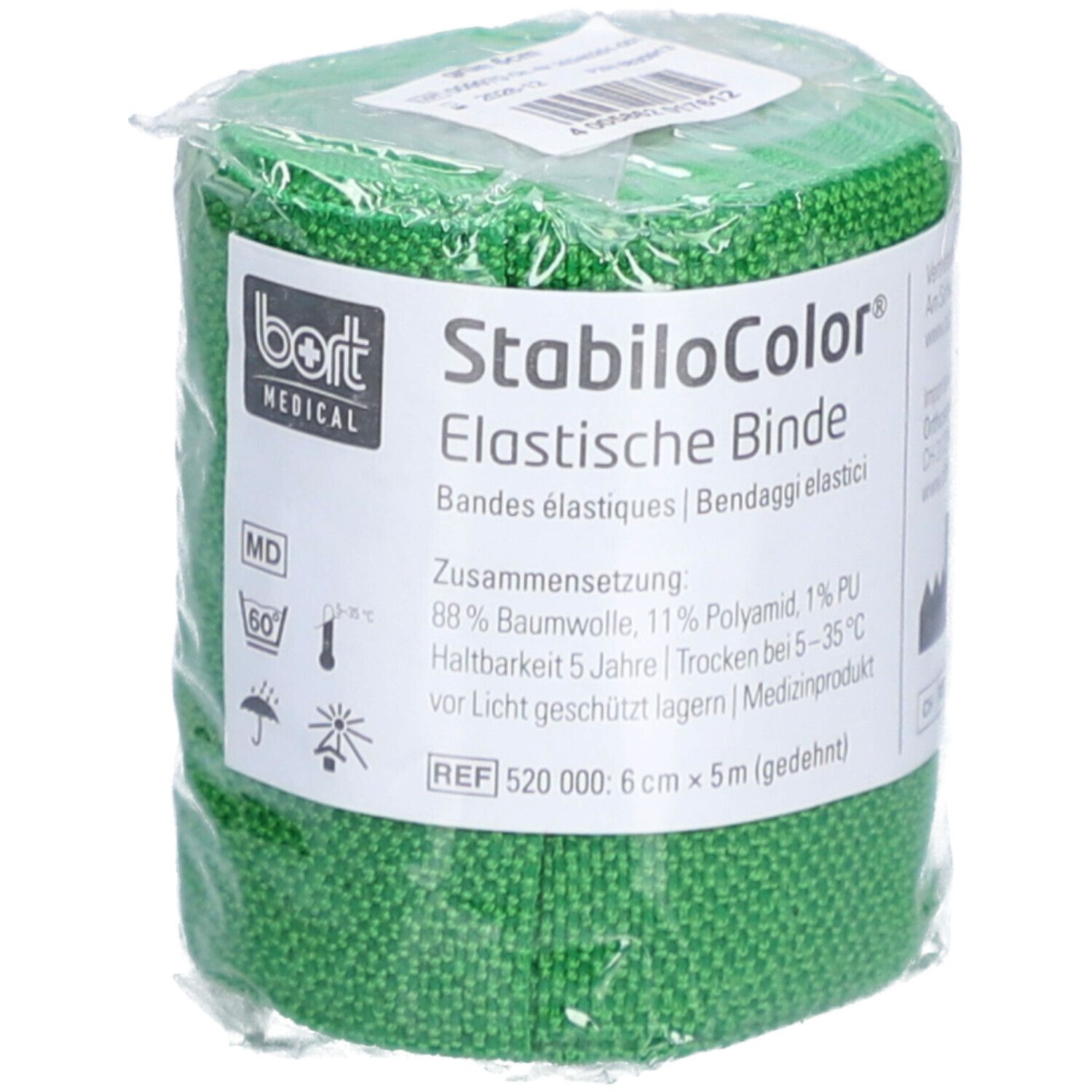 Bande verte emballée. Inscription : BORT MEDICAL, StabiloColor, bande élastique, 6 cm x 5 m.