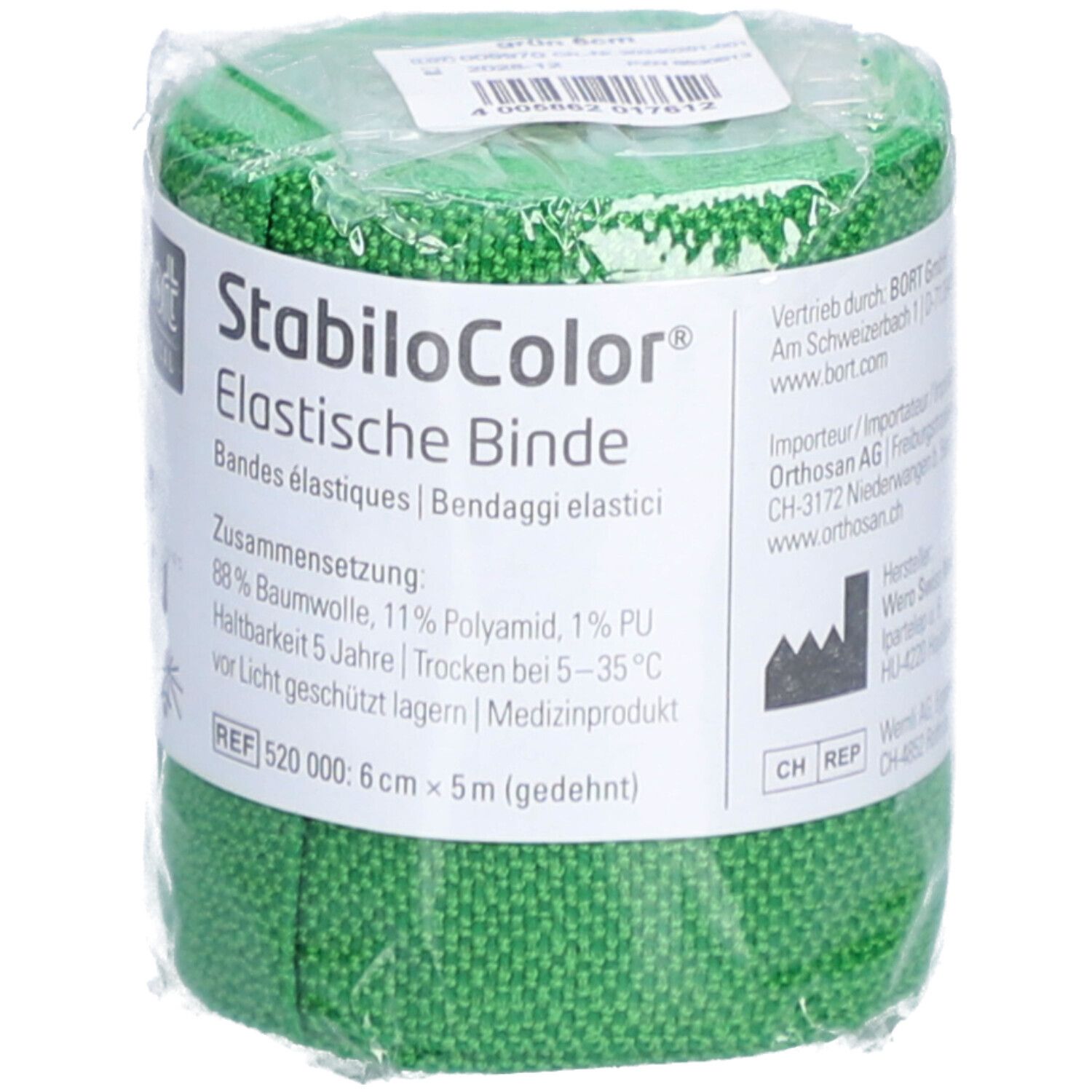 Bande verte emballée. Inscription : BORT MEDICAL, StabiloColor, bande élastique, 6 cm x 5 m.