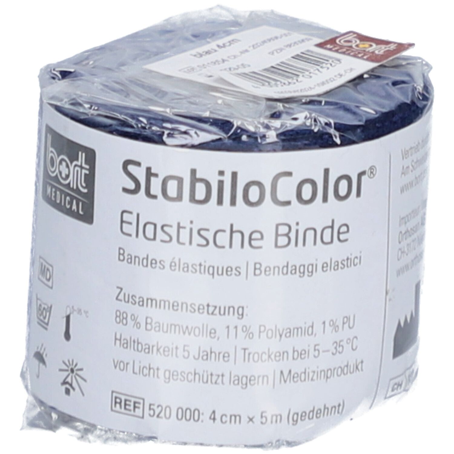 Bande élastique BORT StabiloColor® bleue, emballée. Informations sur l'étiquette.