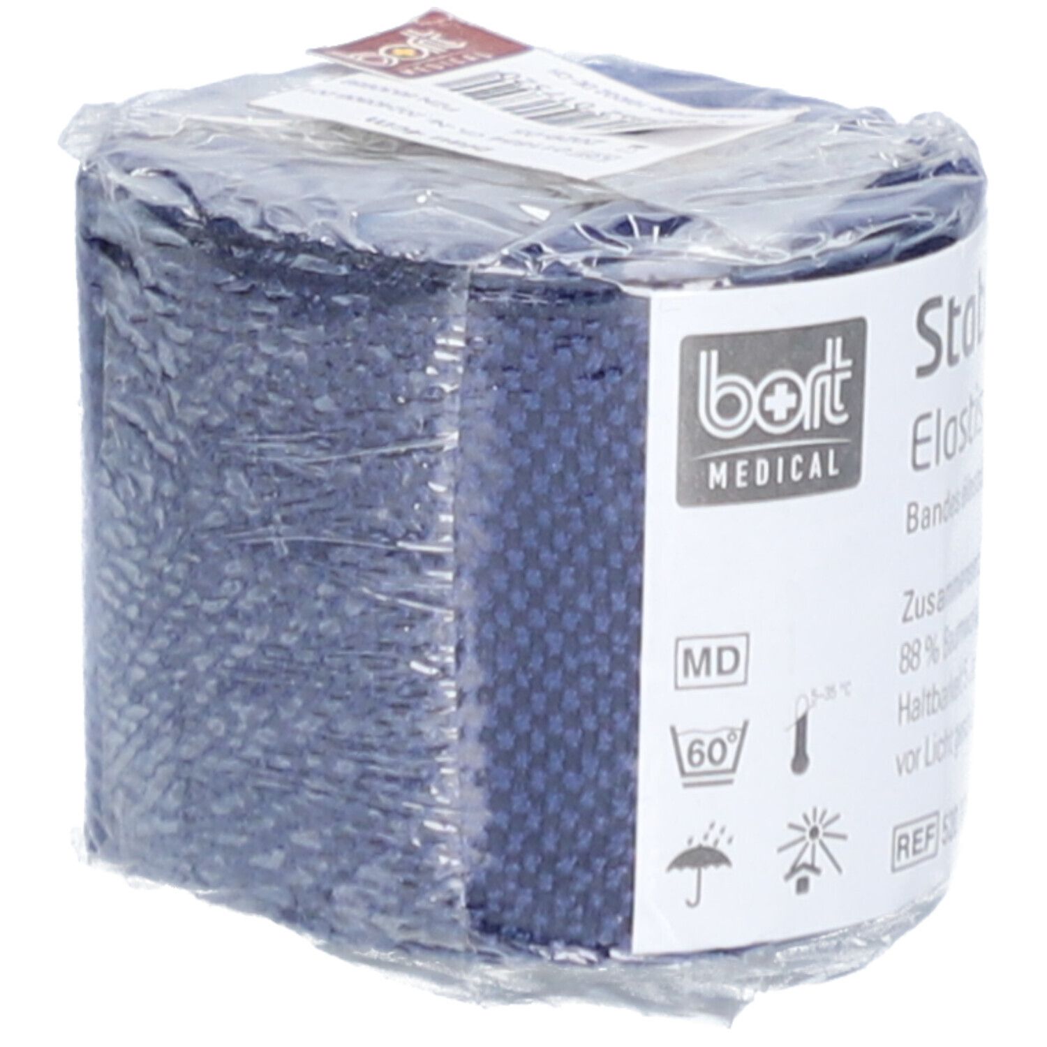 Bande élastique BORT StabiloColor® bleue, emballée. Étiquette produit avec informations.