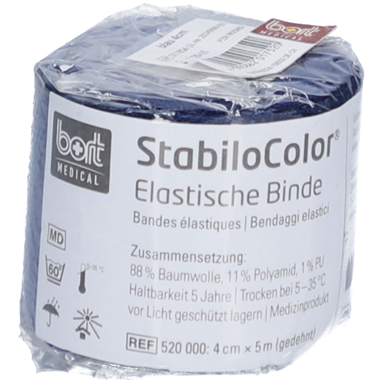 Bande élastique BORT StabiloColor® bleue, emballée. Étiquette produit avec informations.