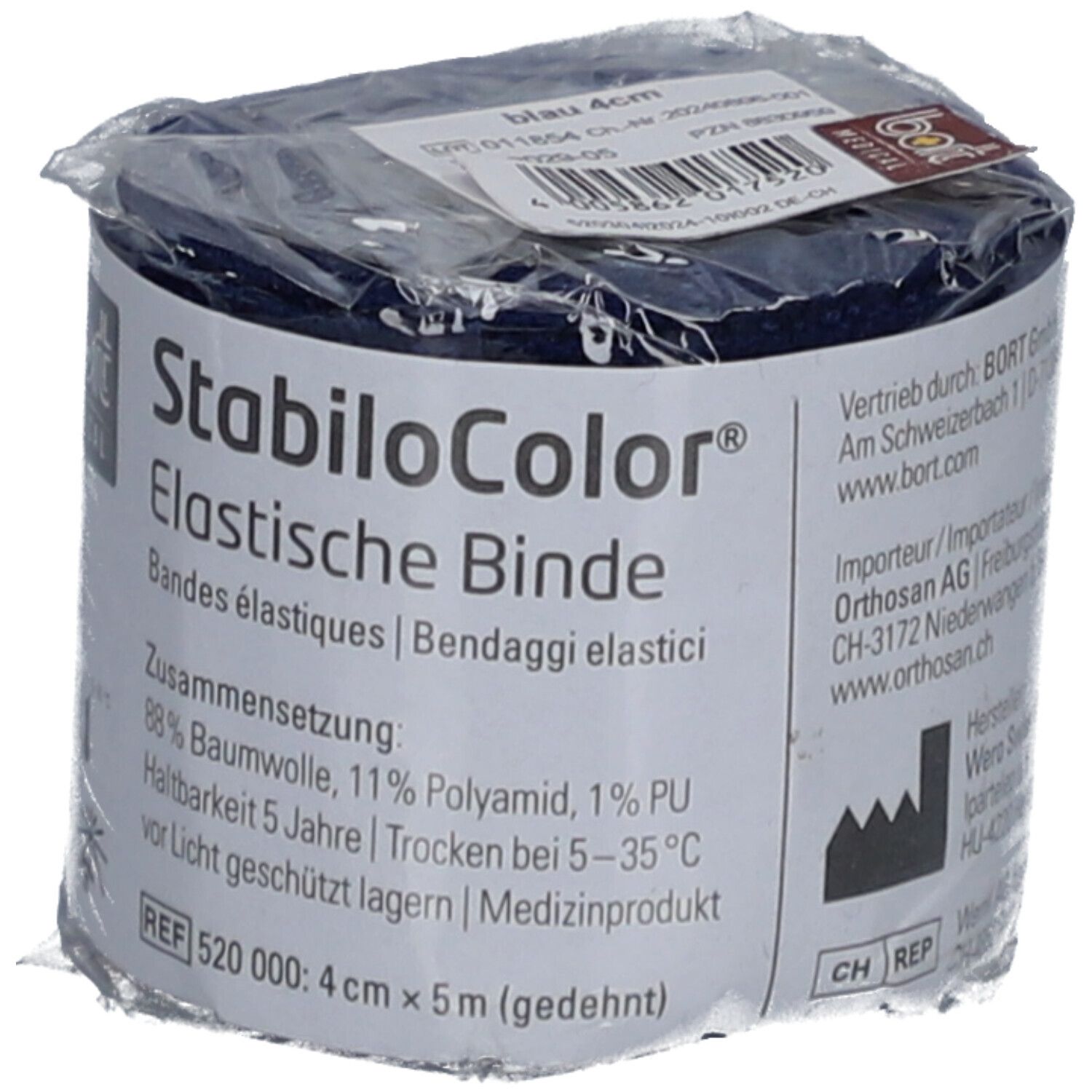 Bande élastique BORT StabiloColor® bleue, emballée. Étiquette produit avec informations.