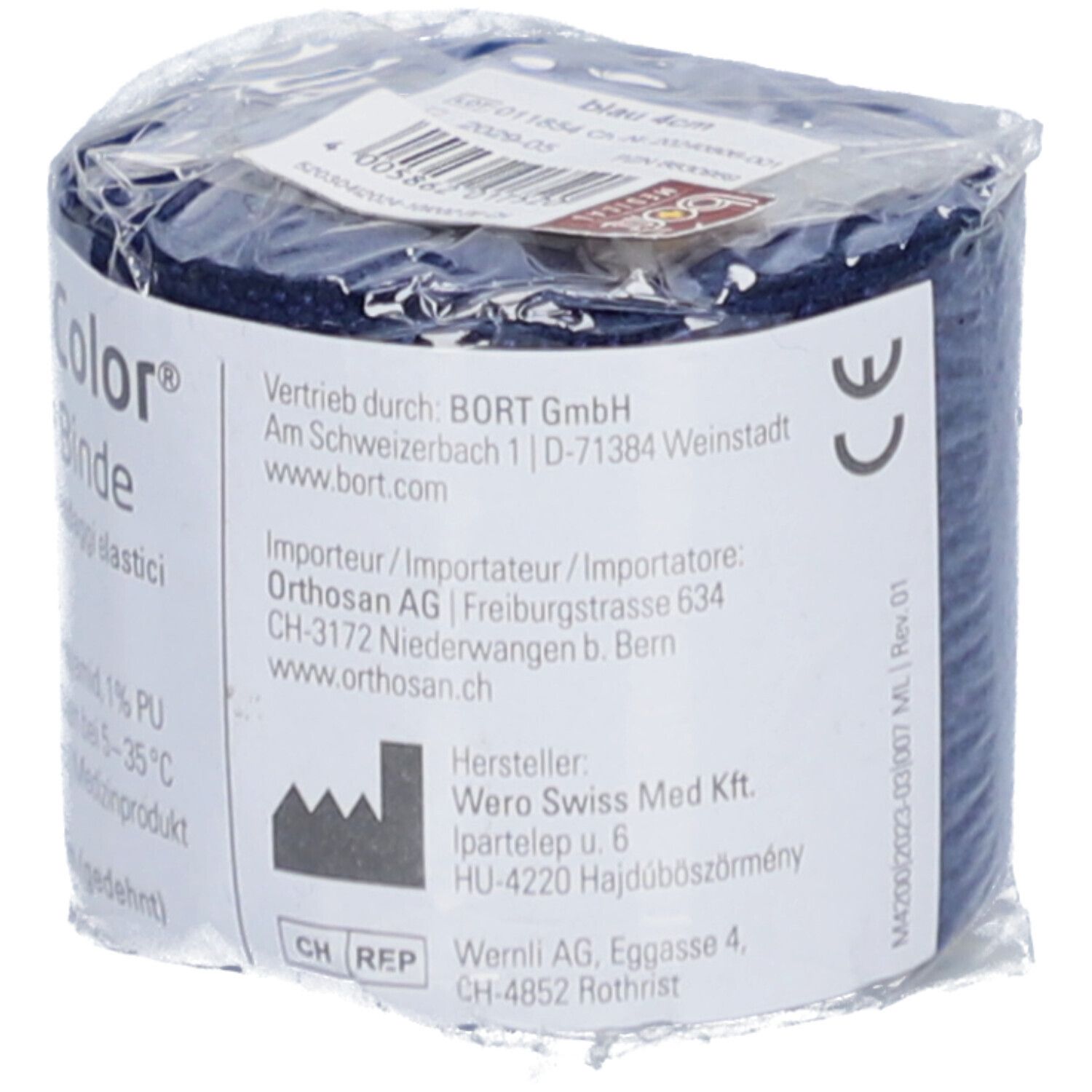Bande élastique BORT StabiloColor® bleue, emballée. Étiquette produit avec informations.