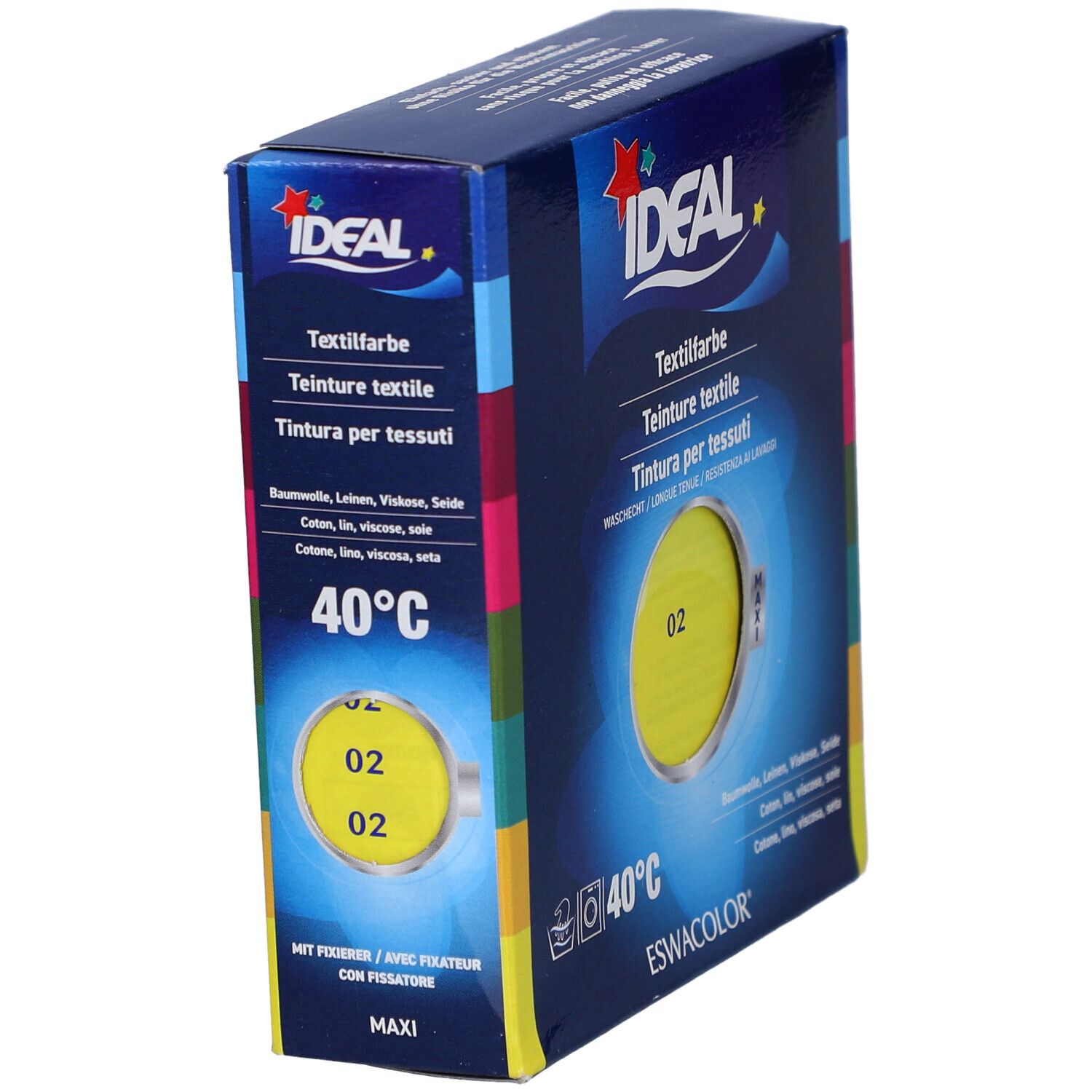 Teinture textile Ideal, jaune, n° 02, en boîte. Résistant au lavage. Pour coton, lin, viscose, soie. Marque Ideal.