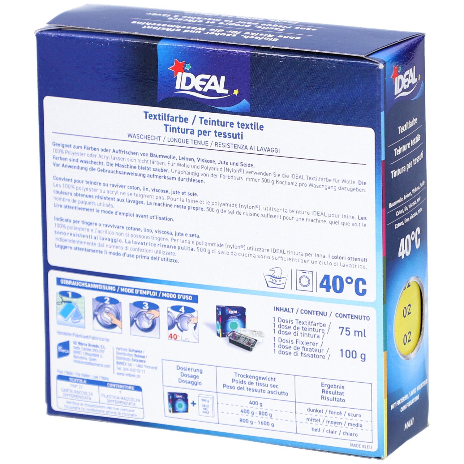 Dos de l'emballage de la teinture textile Ideal. Contient des informations sur l'utilisation et les ingrédients. Résistant au lavage. Marque Ideal.