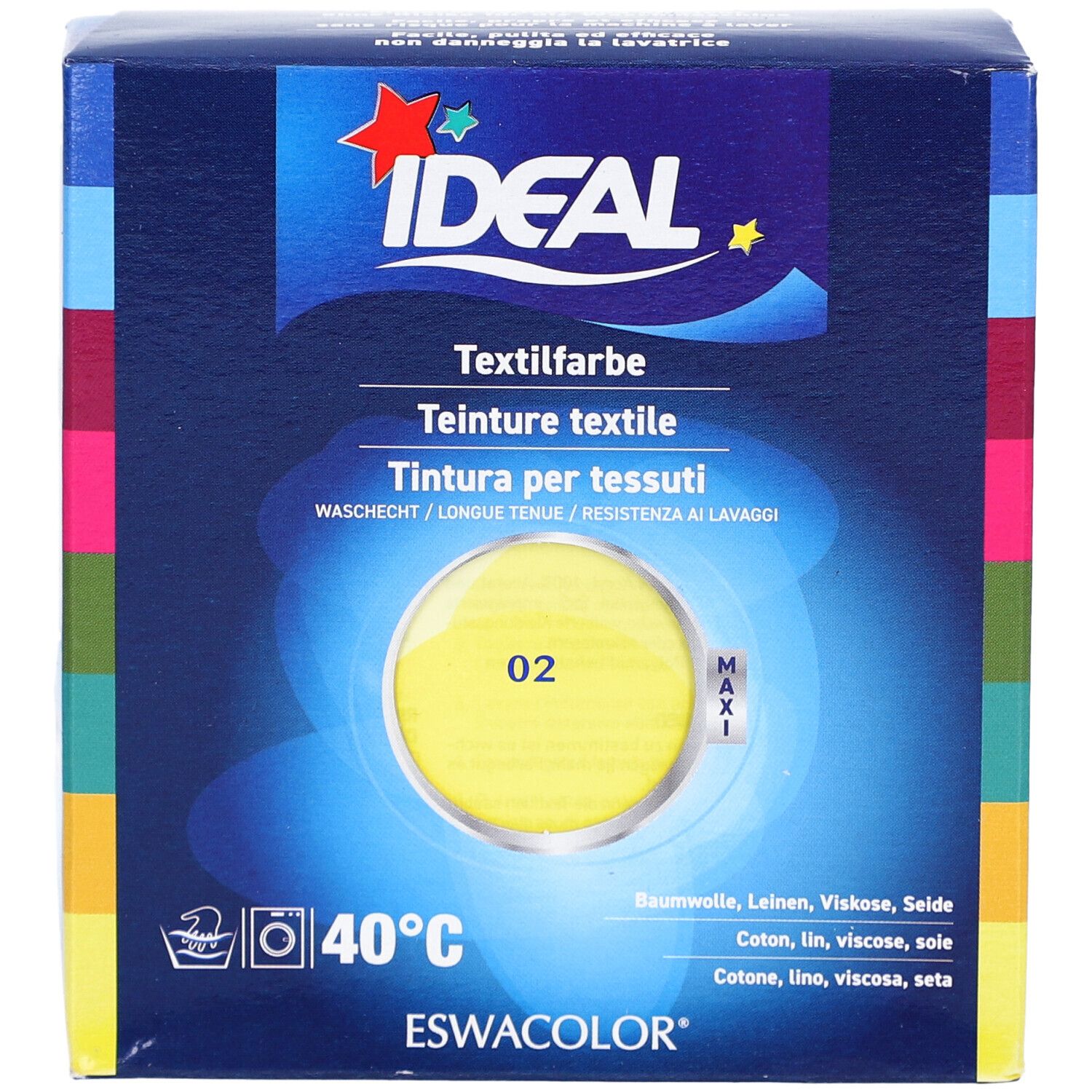 Teinture textile Ideal, jaune, n° 02, en boîte. Résistant au lavage. Pour coton, lin, viscose, soie. Marque Ideal.