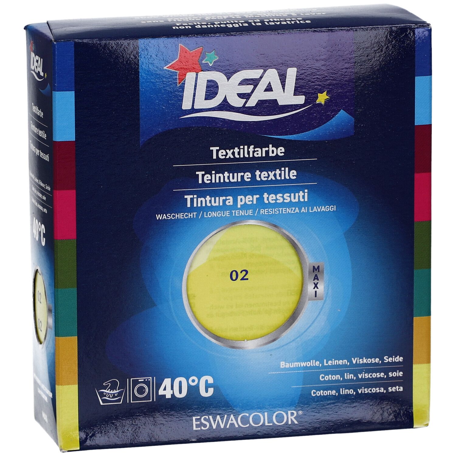 Teinture textile Ideal, jaune, n° 02, en boîte. Résistant au lavage. Pour coton, lin, viscose, soie. Marque Ideal.