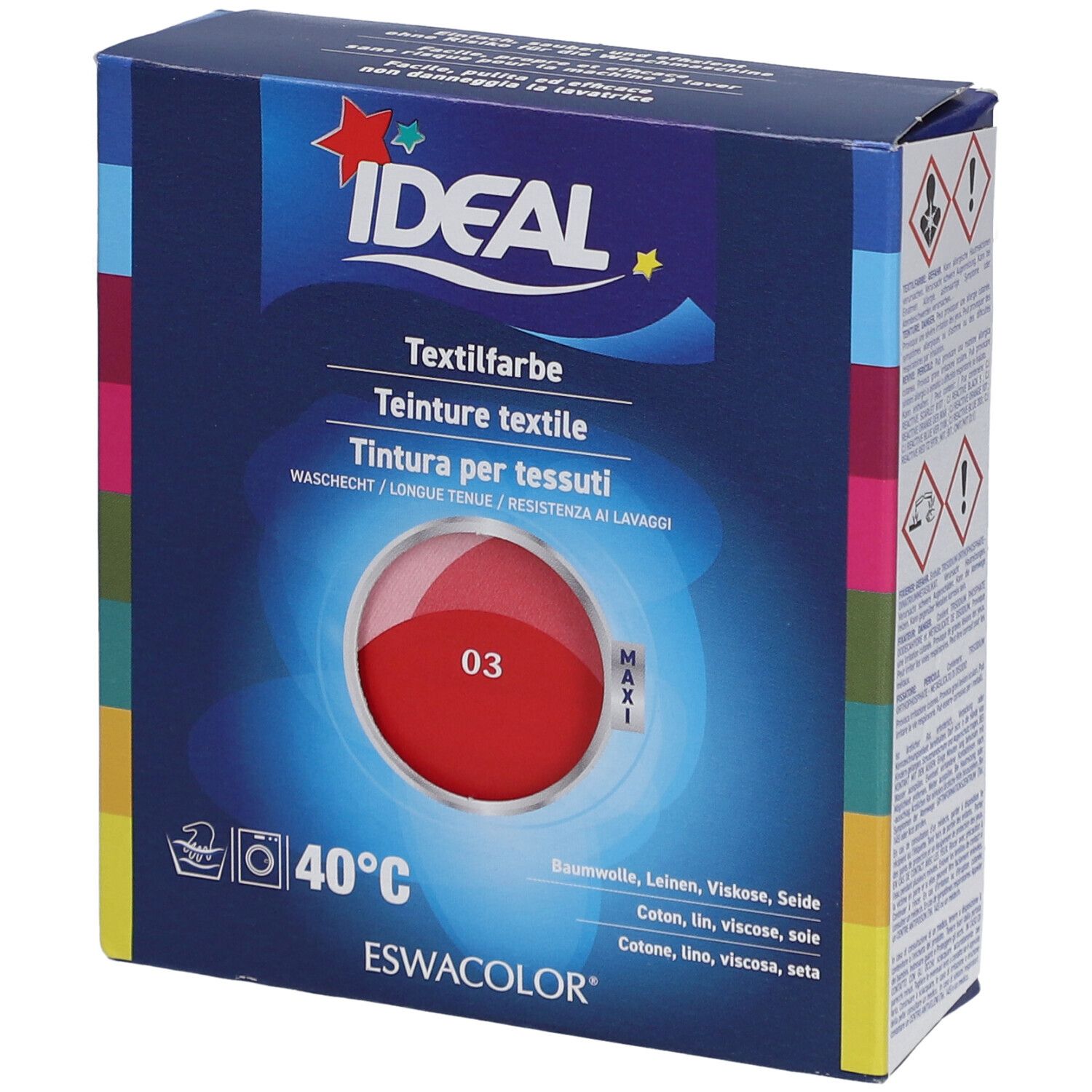 Teinture textile IDEAL, rouge vif 03, en boîte. Lavable à 40°C. Contient un emballage Maxi.