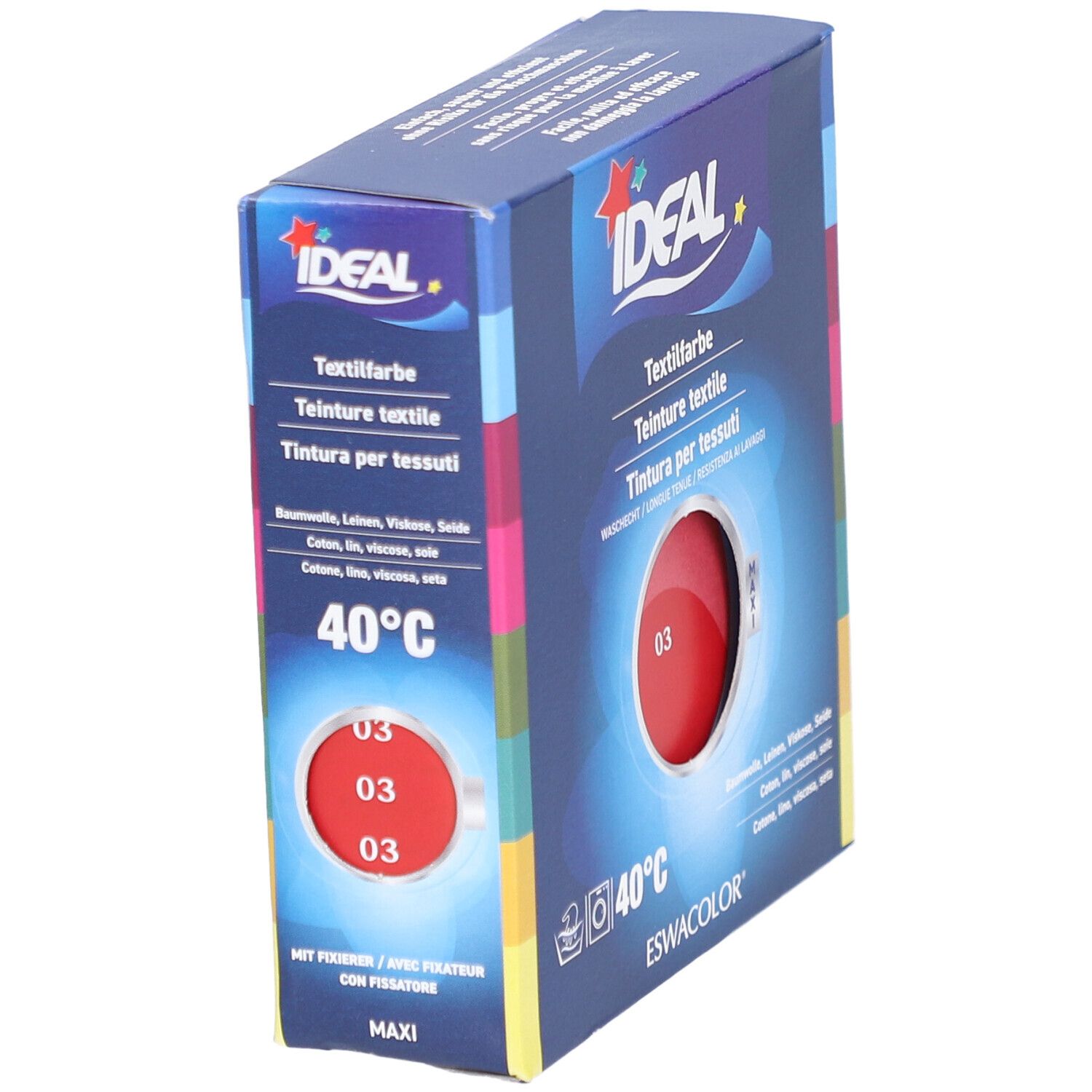 Teinture textile IDEAL, rouge vif 03, en boîte. Lavable à 40°C. Emballage Maxi.