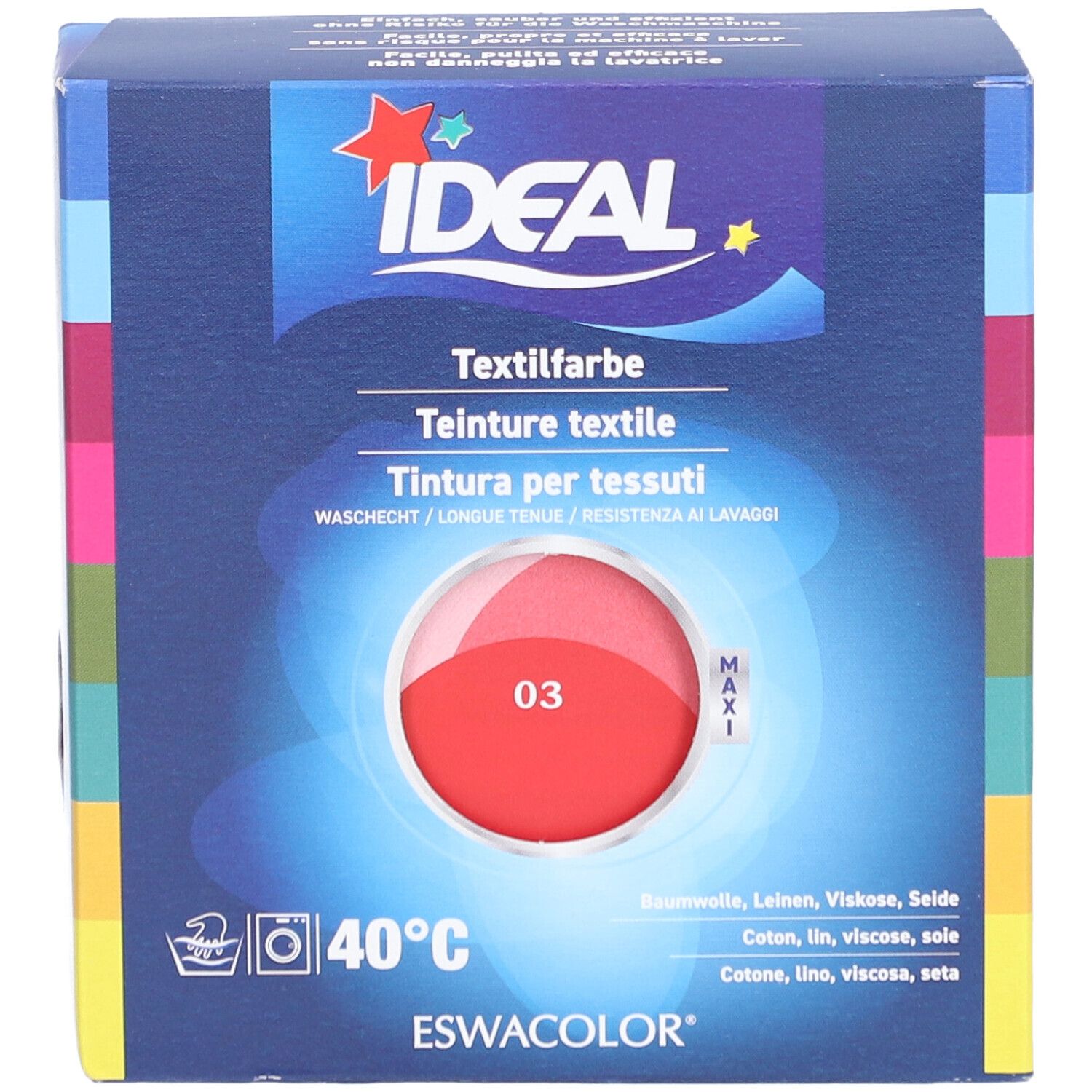 Teinture textile IDEAL, rouge vif 03, en boîte. Lavable à 40°C. Contient un emballage Maxi.