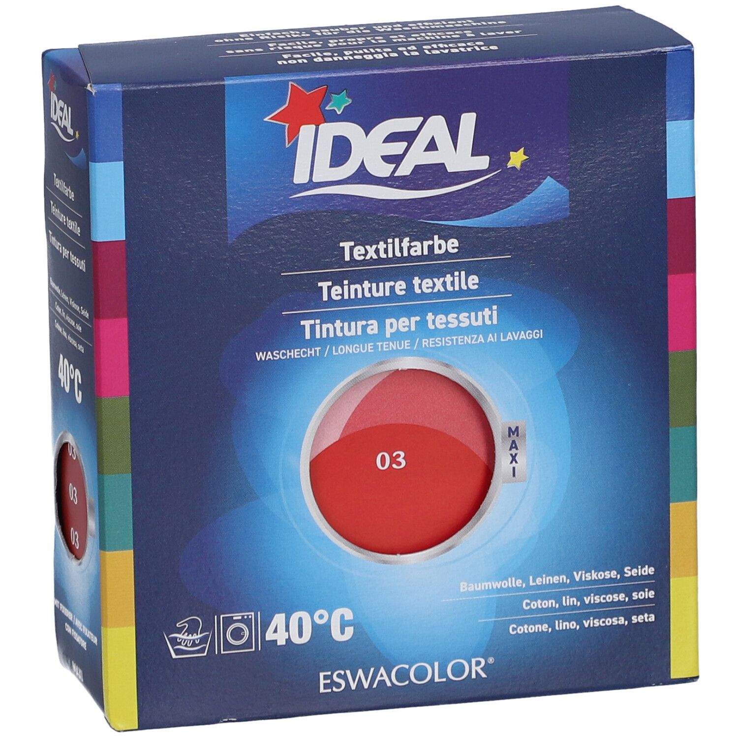 Teinture textile IDEAL, rouge vif 03, en boîte. Lavable à 40°C. Contient un emballage Maxi.