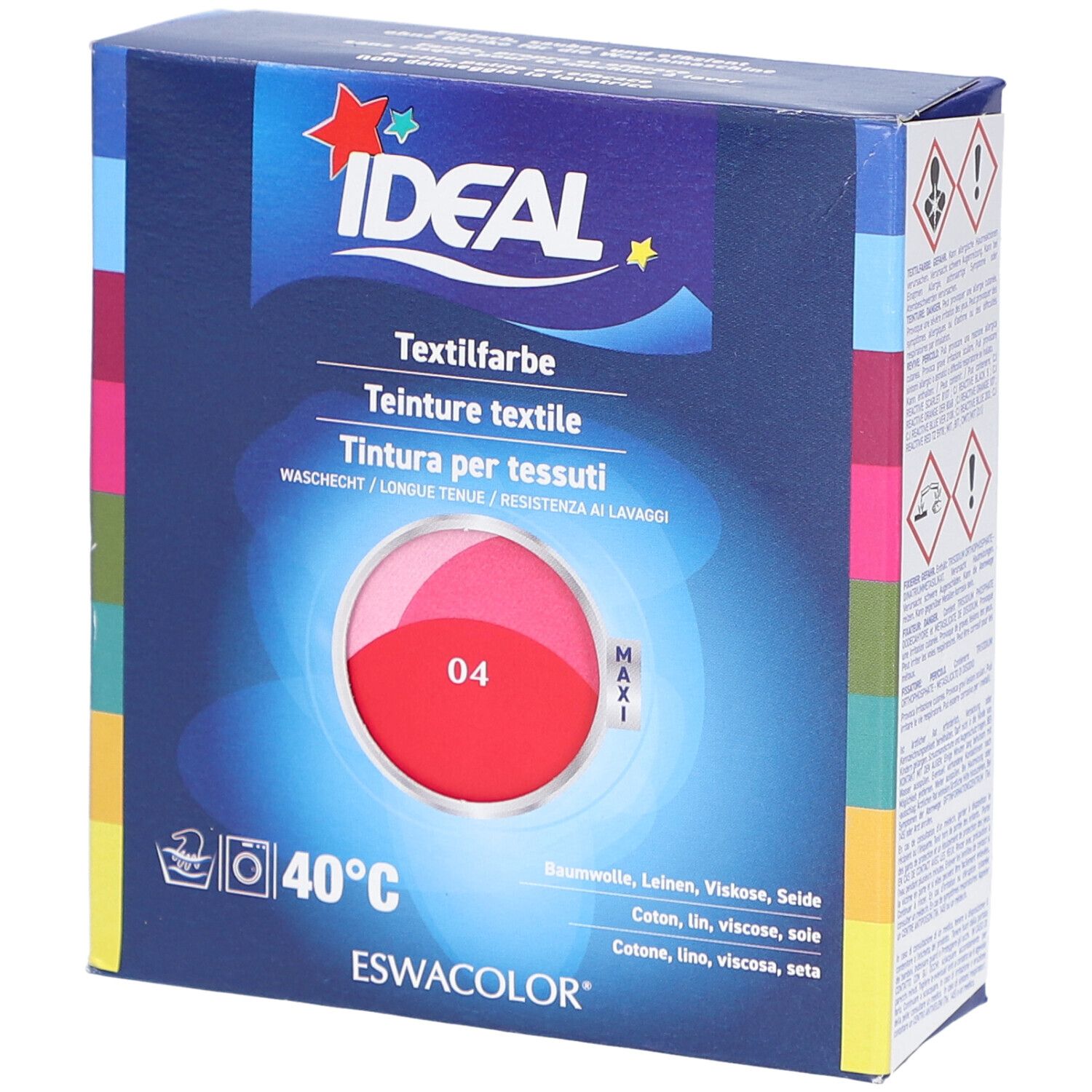 Boîte de teinture textile rouge IDEAL. Inscription: Textilfarbe, 04, pour coton, lin, viscose, soie. Lavable à 40°C.