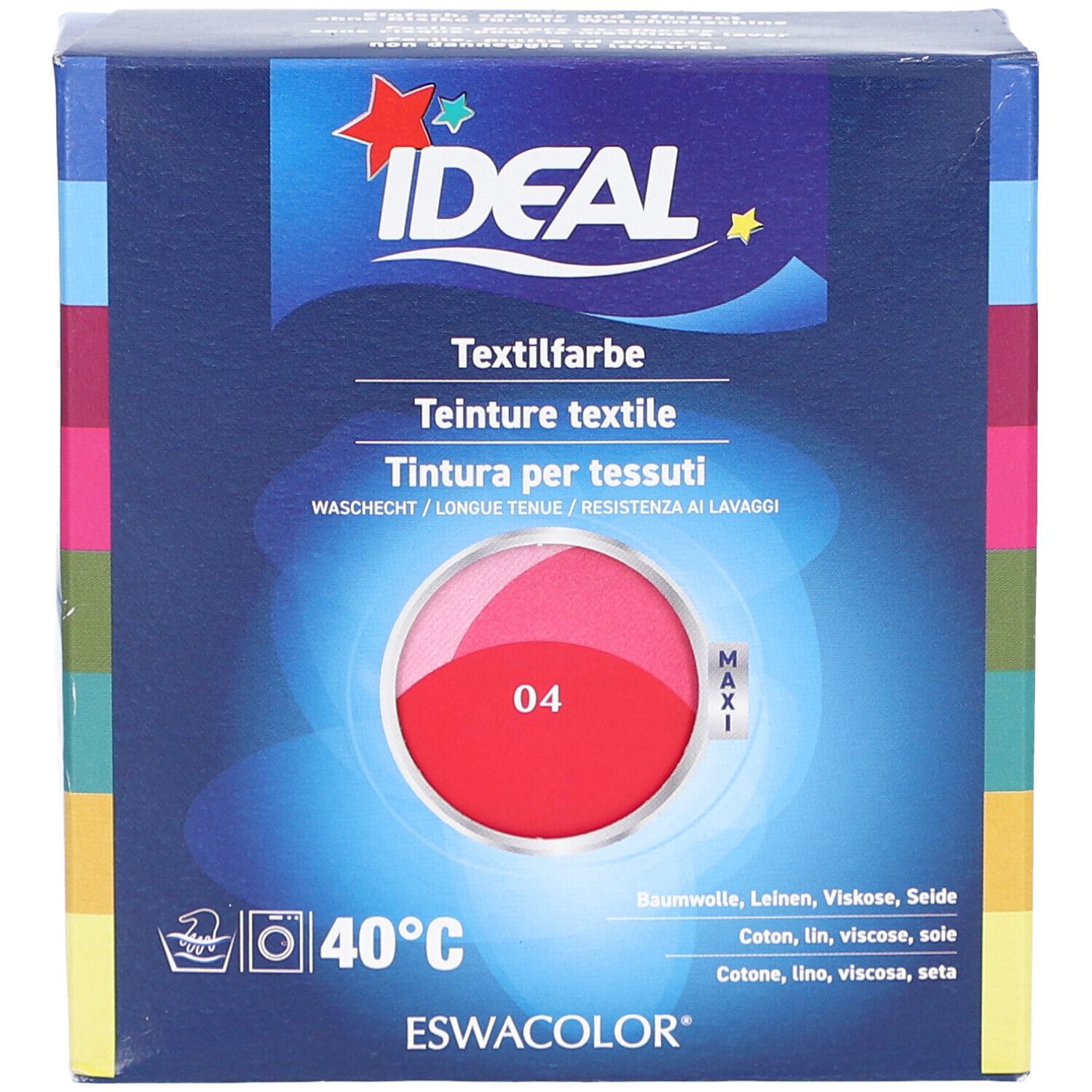 Boîte de teinture textile rouge IDEAL. Inscription: Textilfarbe, 04, pour coton, lin, viscose, soie. Lavable à 40°C.