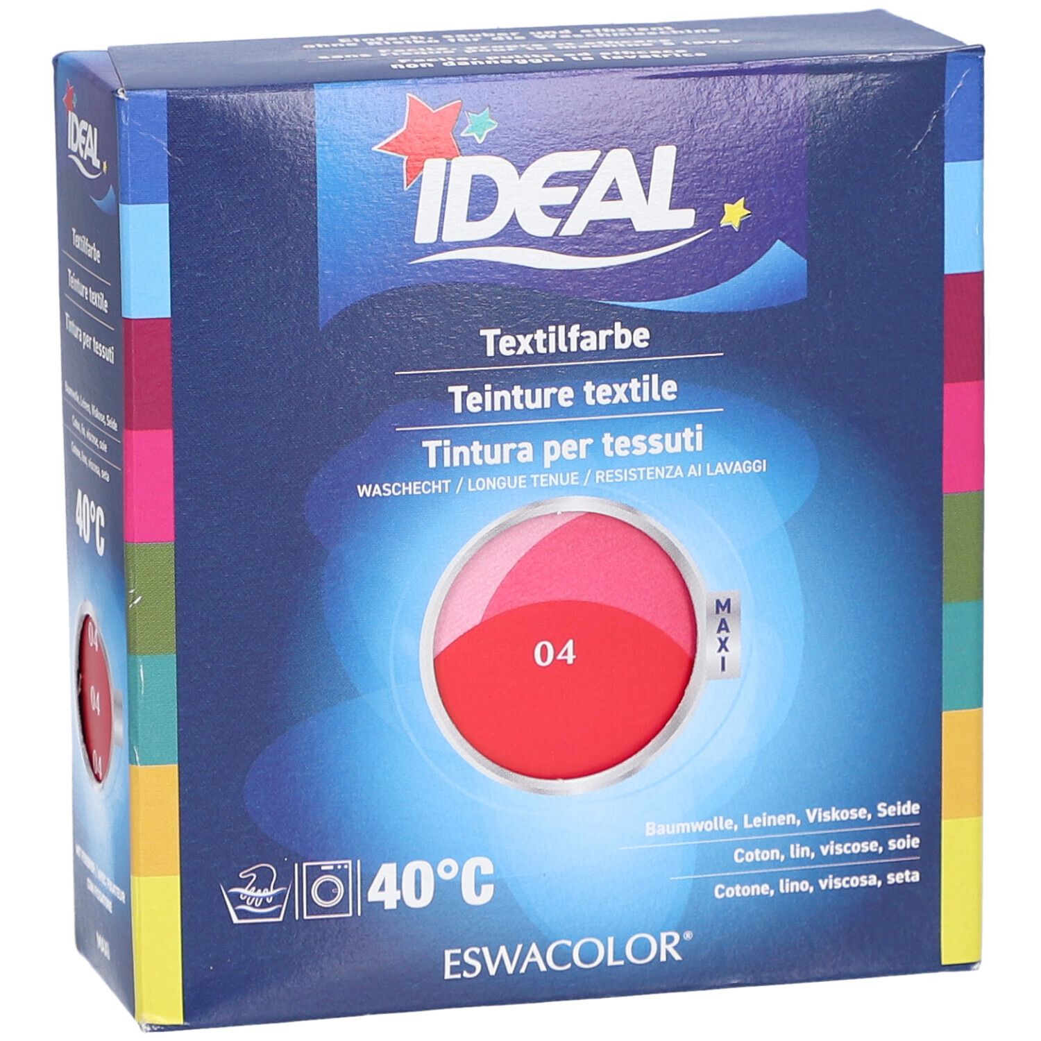 Boîte de teinture textile rouge IDEAL. Inscription: Textilfarbe, 04, pour coton, lin, viscose, soie. Lavable à 40°C.