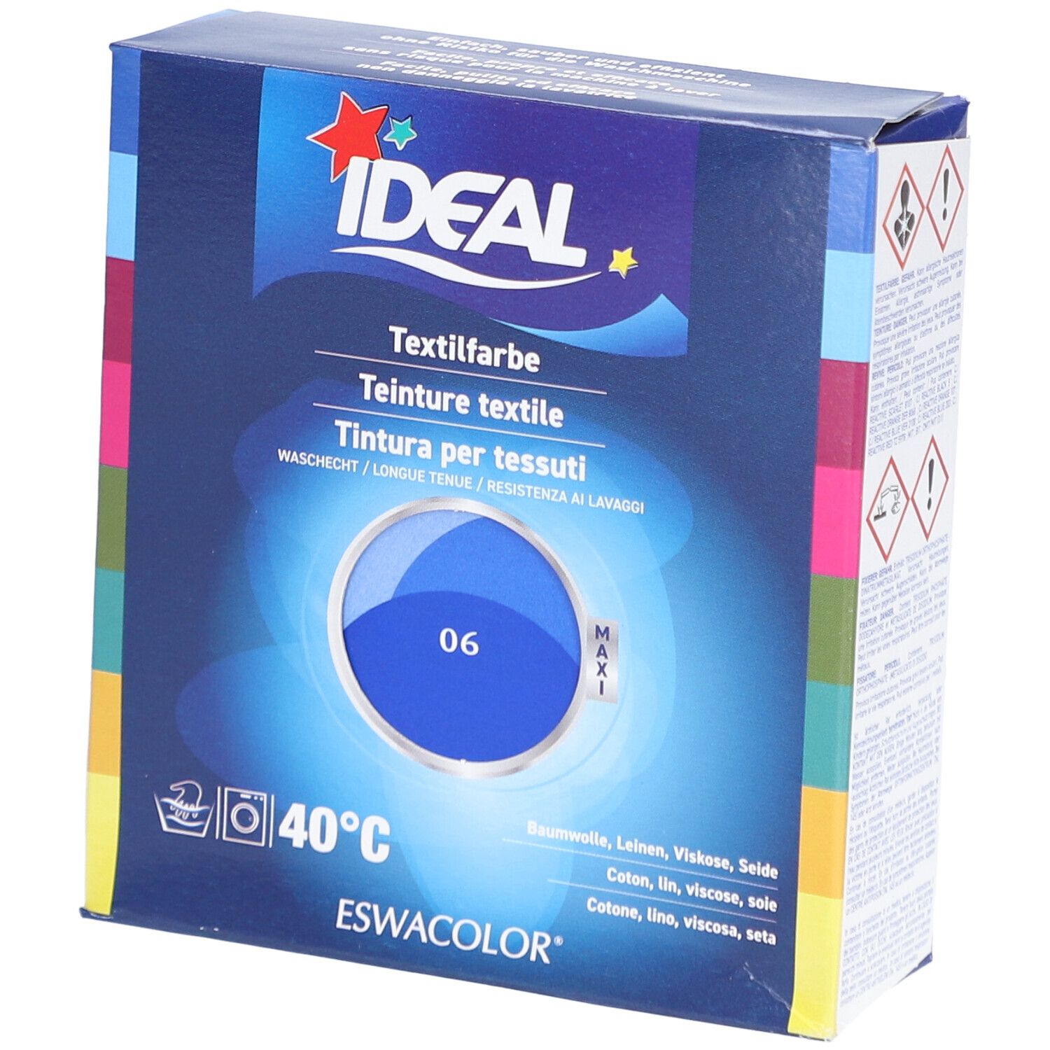 Teinture textile IDEAL, bleu roi 06, en boîte. Lavable à 40°C. Contient teinture et fixateur.